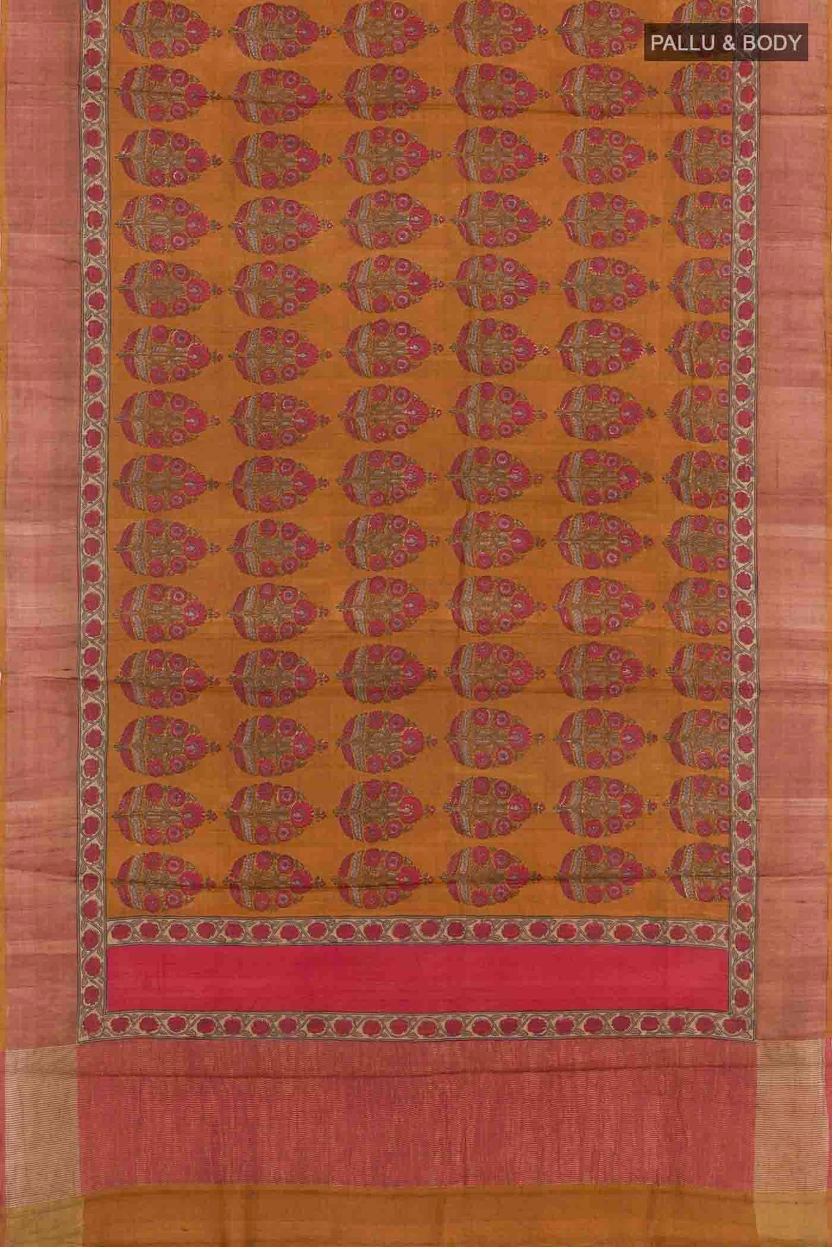 Flat view of Red Tussar Saree with Plain Body and Plain Border