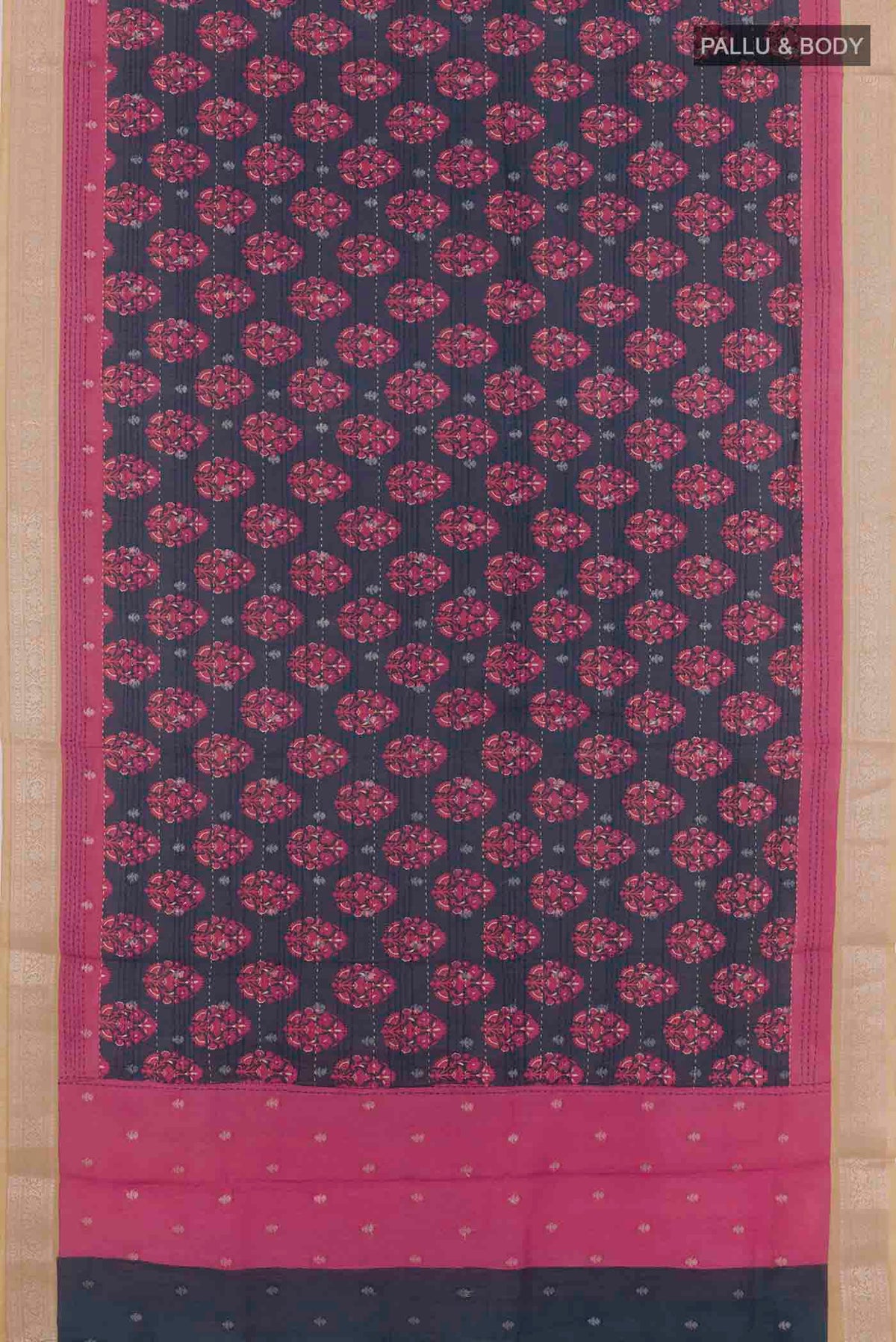 Flat view of Blue Tussar Saree with Printed design on the body and Zari Border. 