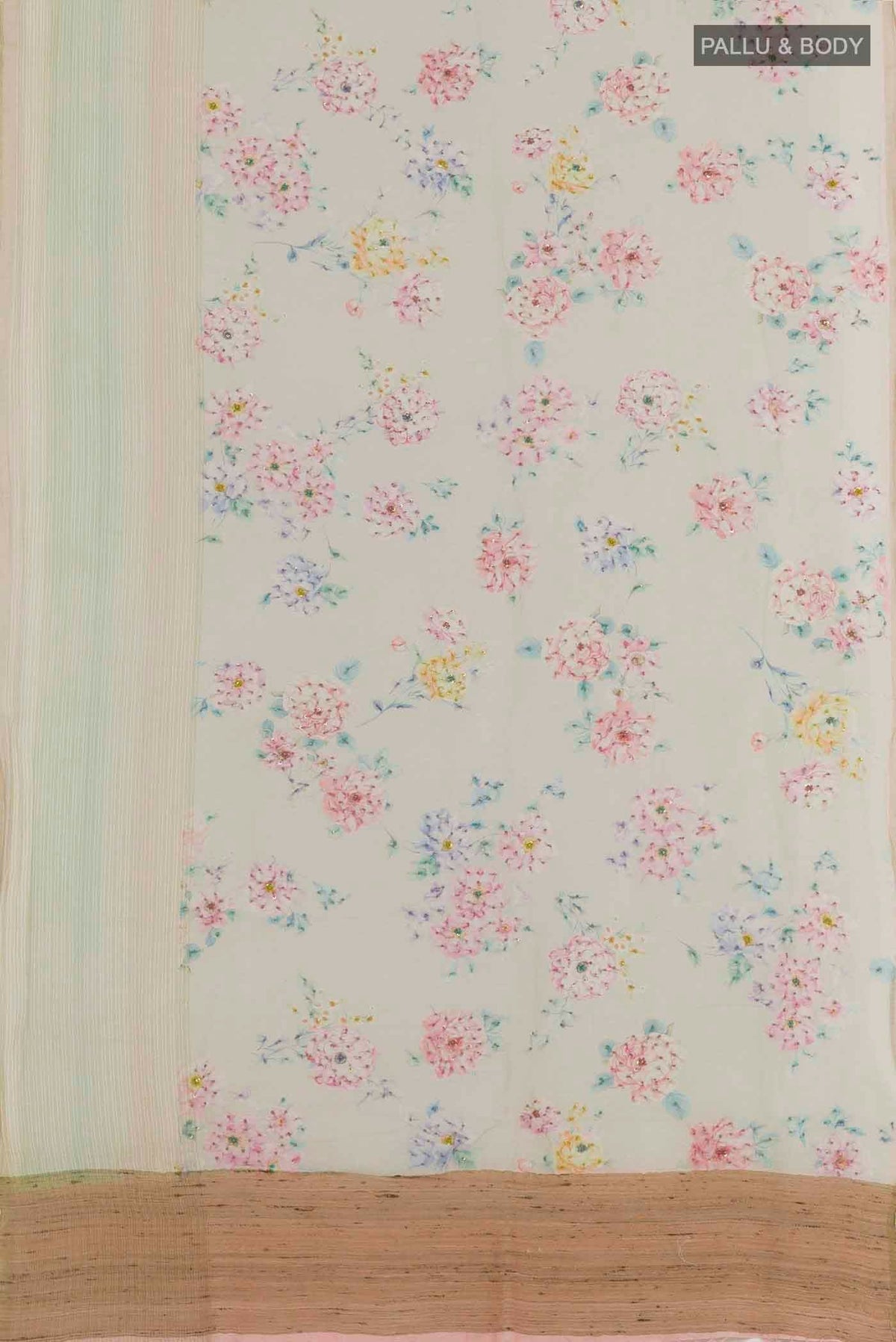 Flat view of Blue Linen Saree with Printed design on the body and Zari Border. 