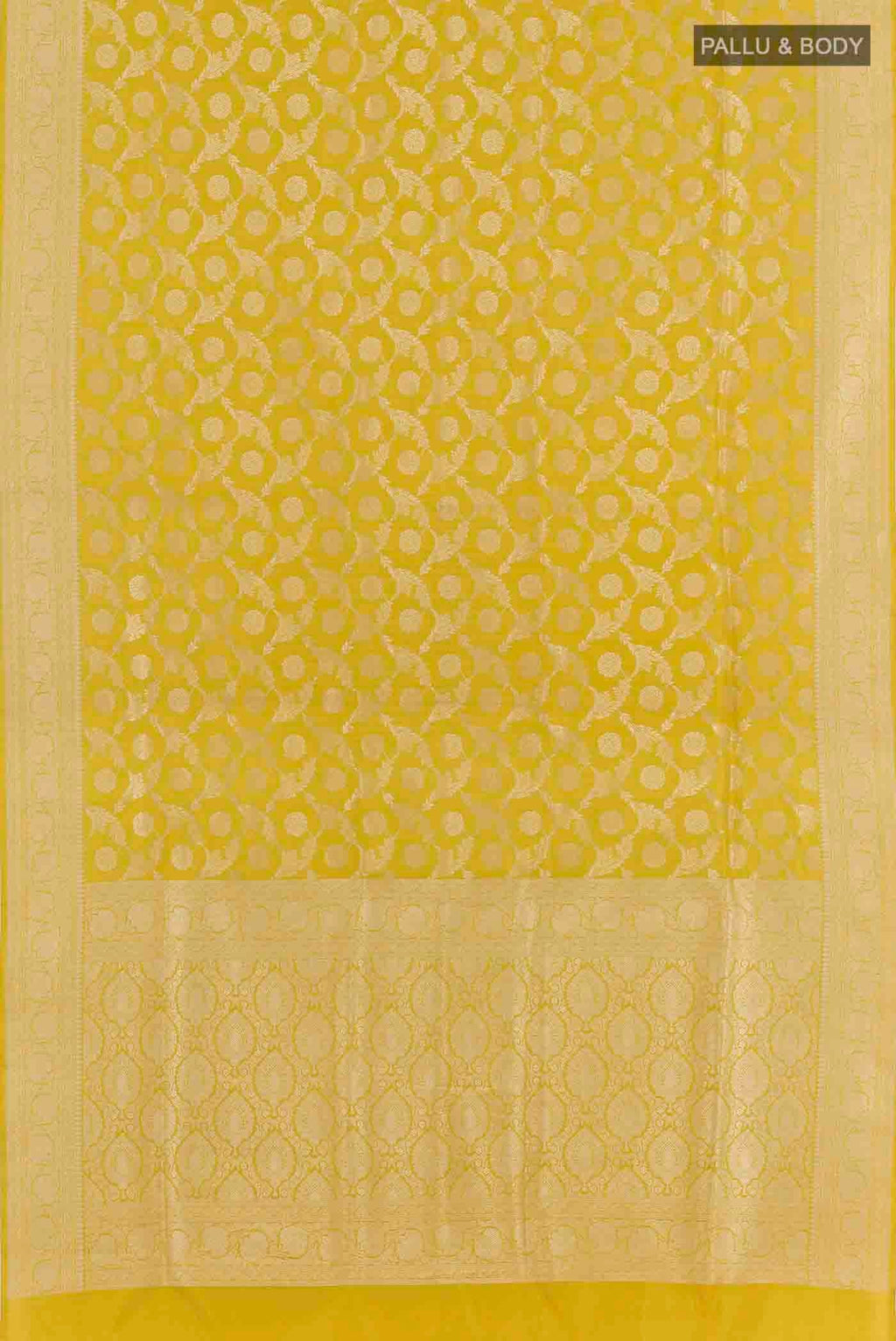 Flat view of Yellow Banarasi Silk Saree with Zari Brocade on the body and Zari Border. 