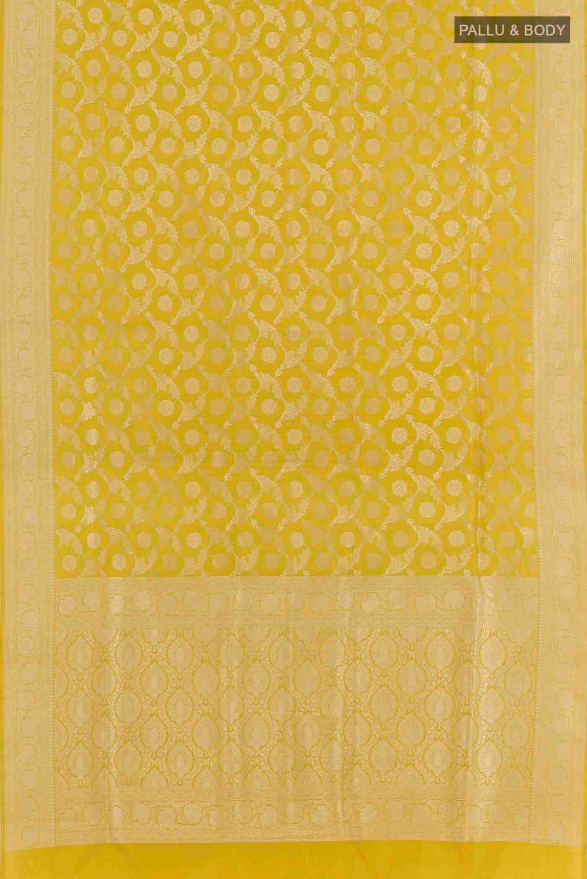 Flat view of Yellow Banarasi Silk Saree with Zari Brocade on the body and Zari Border. 
