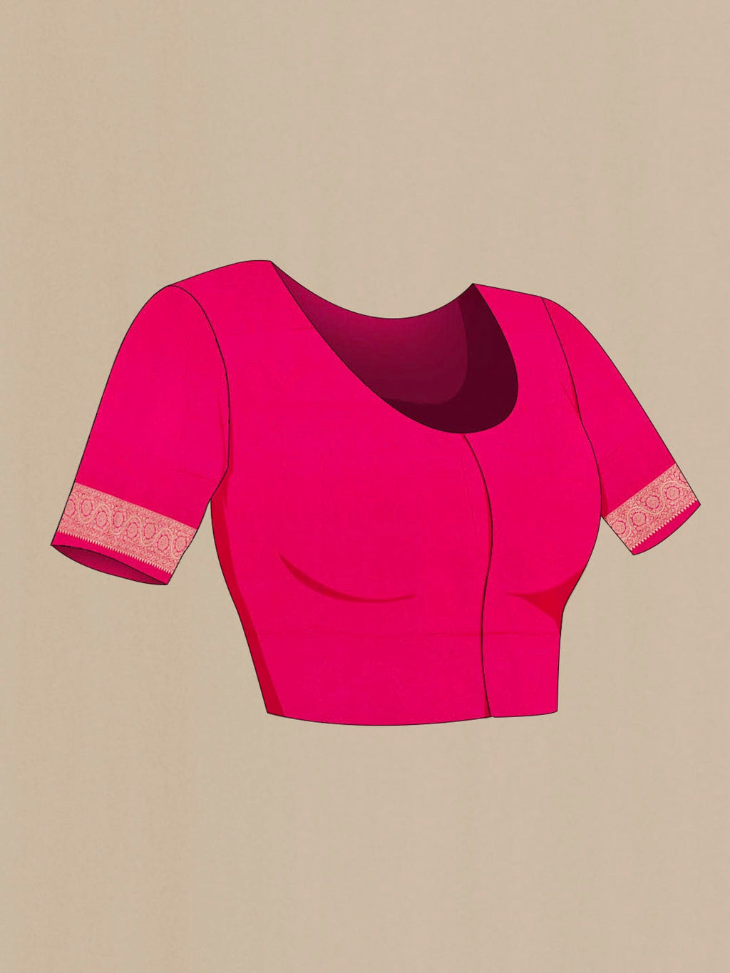 Close up image of the blouse of Pink Banarasi Silk Saree with Zari Brocade on the body and Zari Border. 