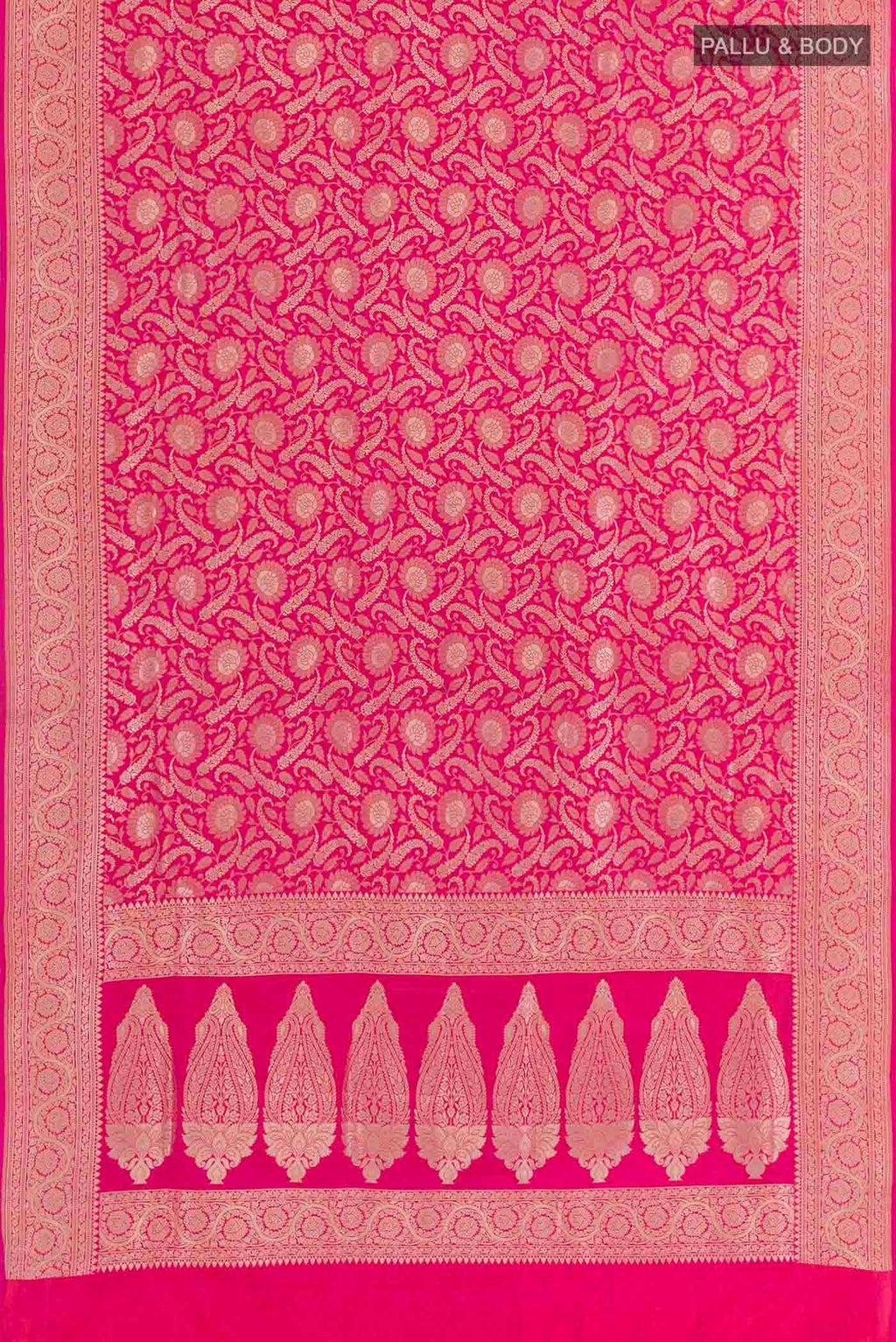 Flat view of Pink Banarasi Silk Saree with Zari Brocade on the body and Zari Border. 