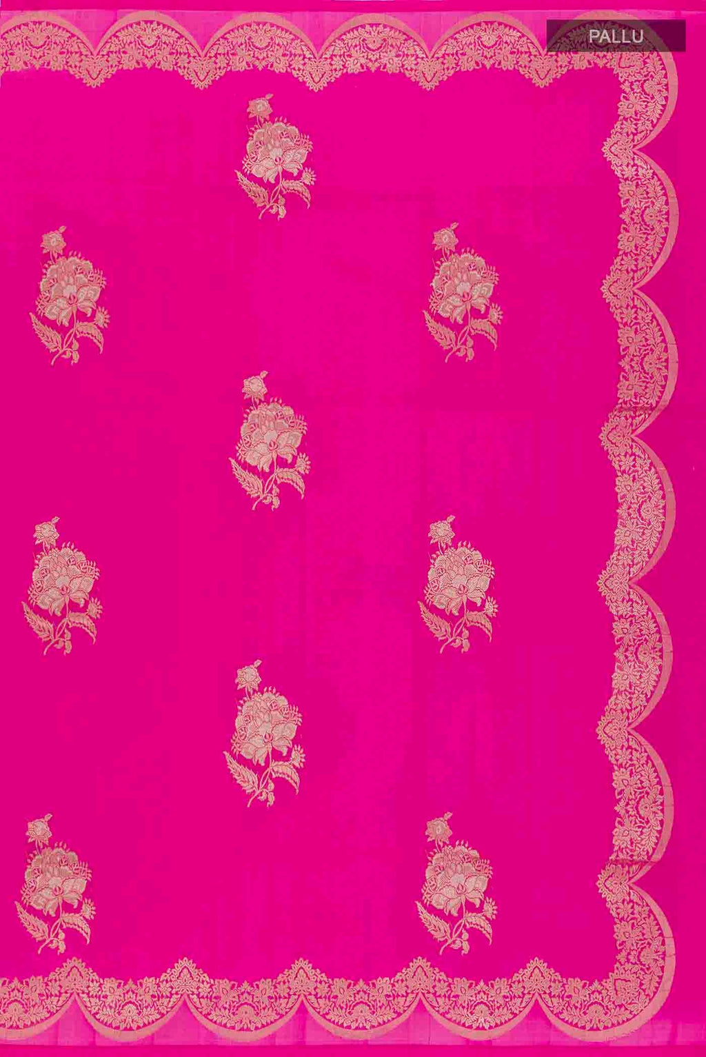 Close up image of the pallu of Pink Banarasi Silk Saree with Zari Butta on the body and Zari Border. 