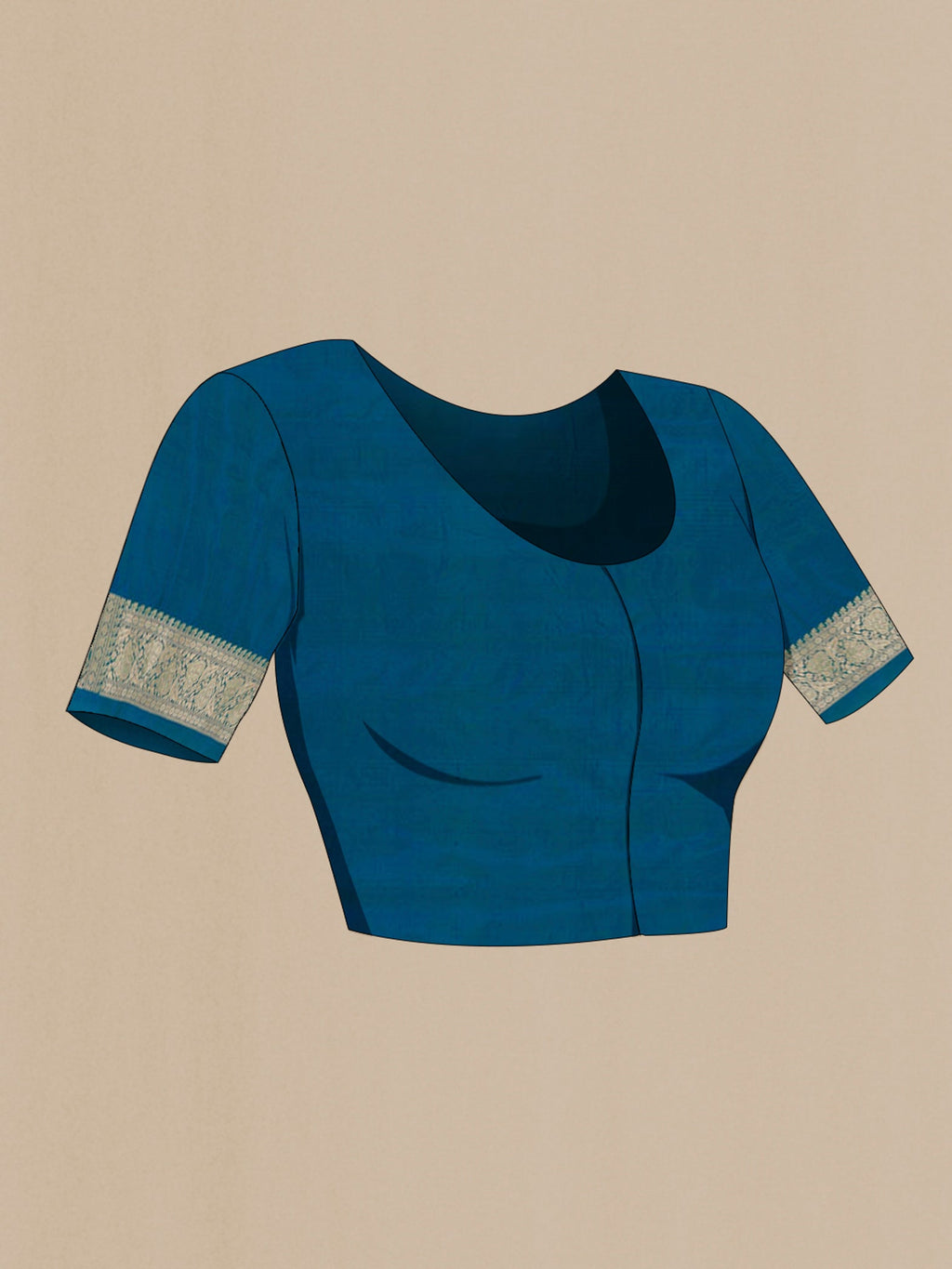 Close up image of the blouse of Peacock Blue Banarasi Silk Saree with Zari Butta on the body and Zari Border. 