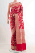 Red Banarasi Silk Saree with Zari Brocade on the body and Zari Border.  displayed on a mannequin