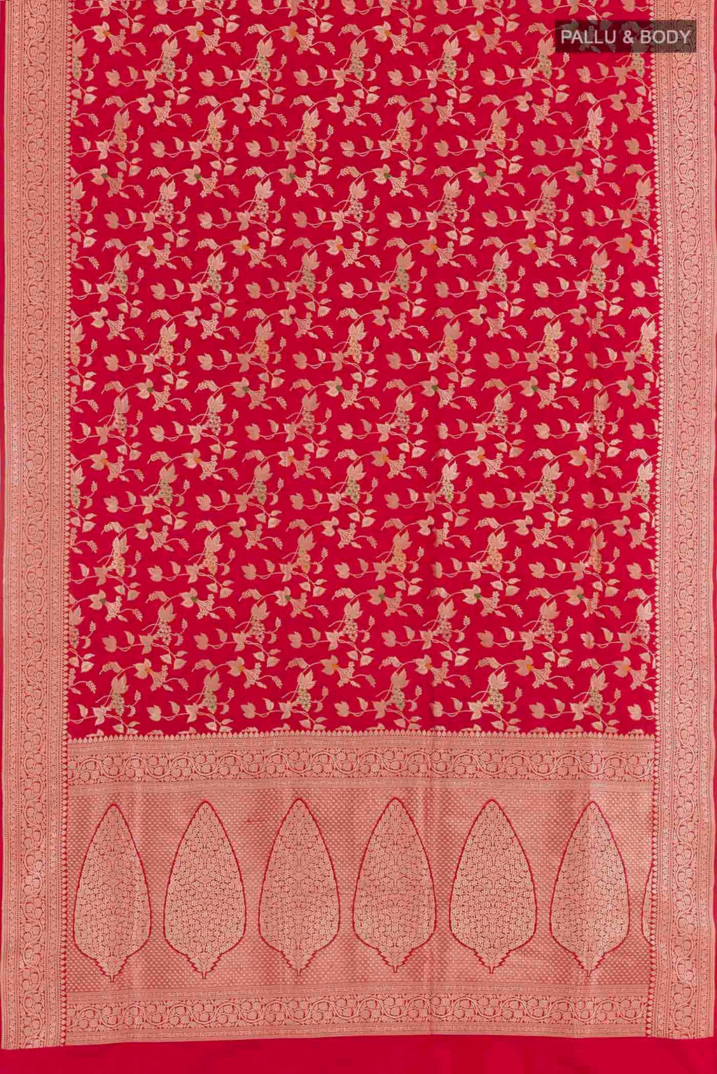 Flat view of Red Banarasi Silk Saree with Zari Brocade on the body and Zari Border. 