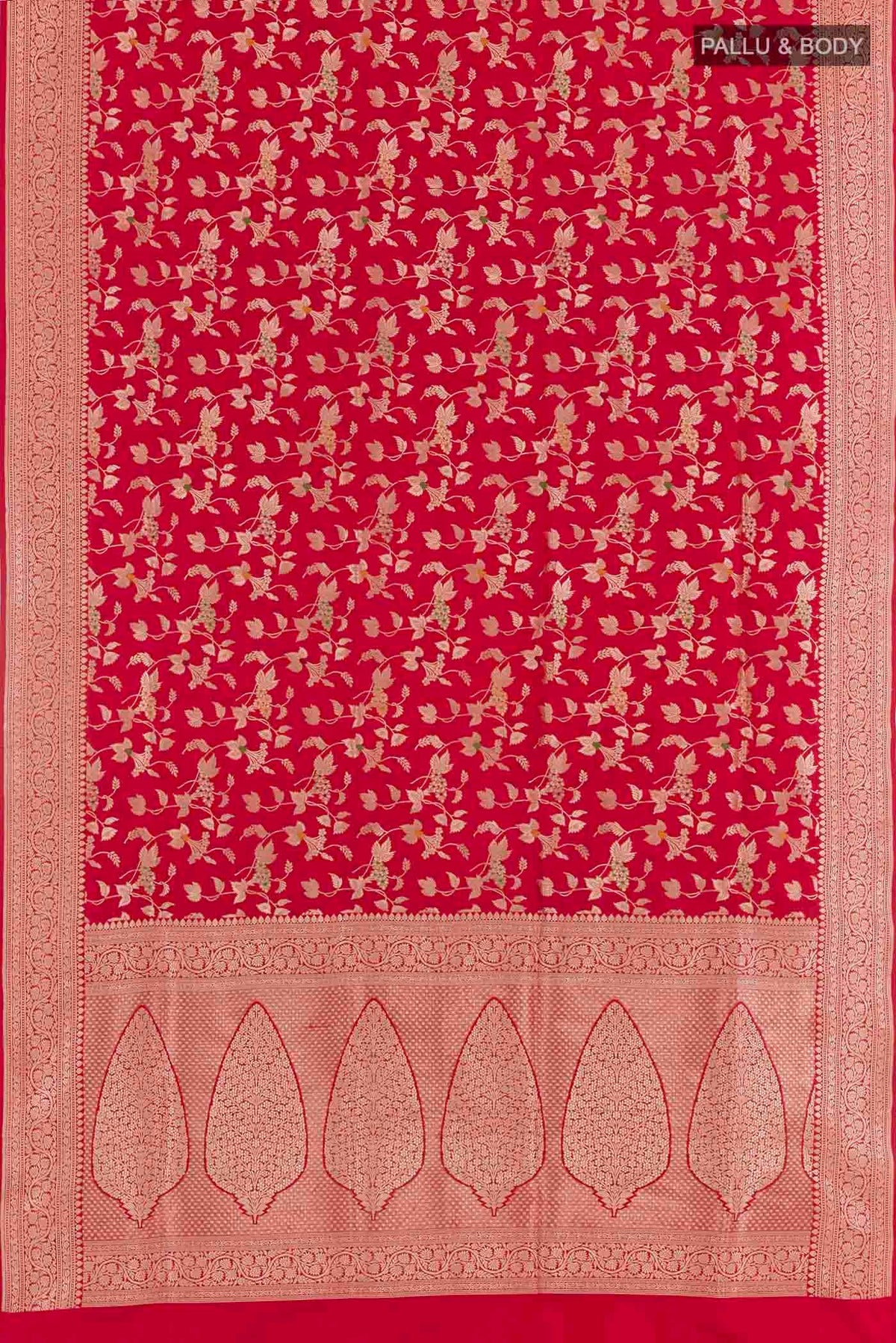 Flat view of Red Banarasi Silk Saree with Zari Brocade on the body and Zari Border. 