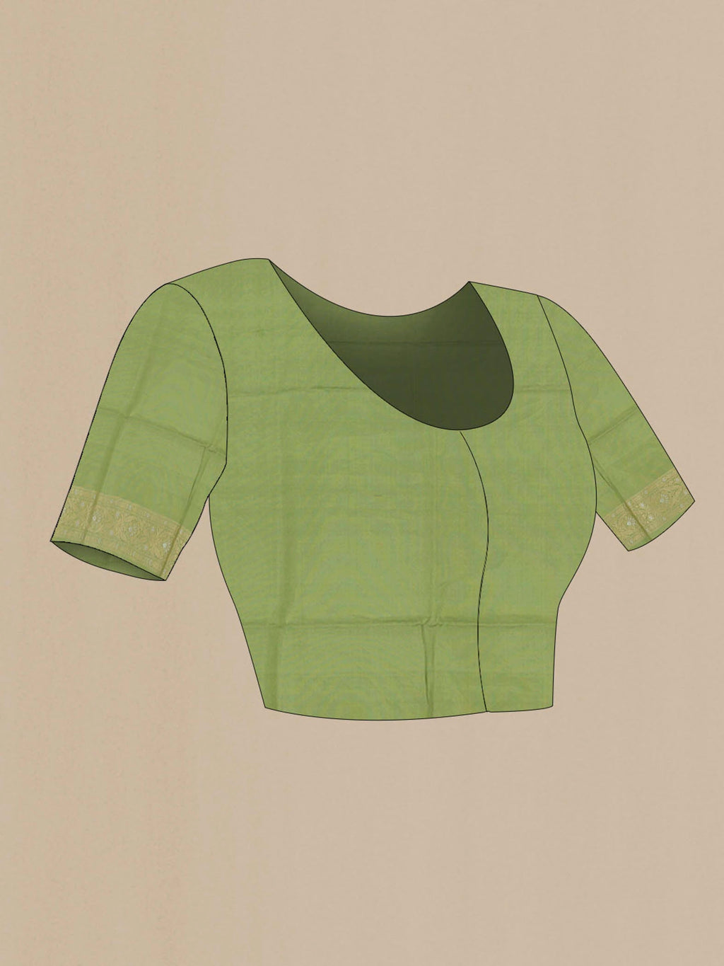 Close up image of the blouse of Green Banarasi Silk Saree with Zari Brocade on the body and Zari Border. 