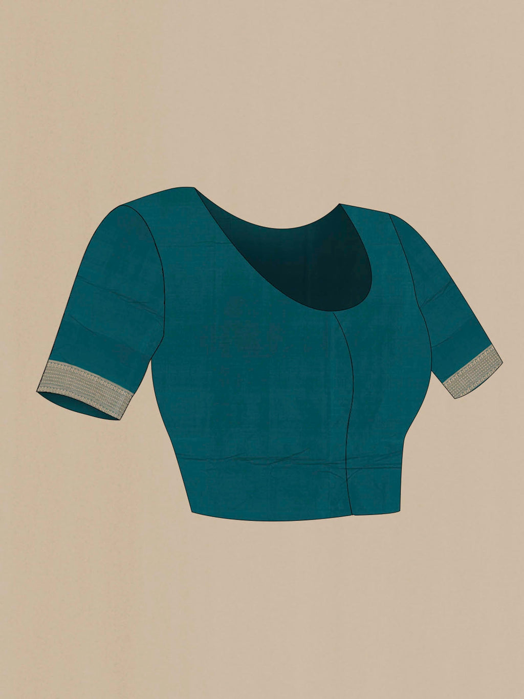 Close up image of the blouse of Teal Banarasi Silk Saree with Zari Brocade on the body and Zari Border. 