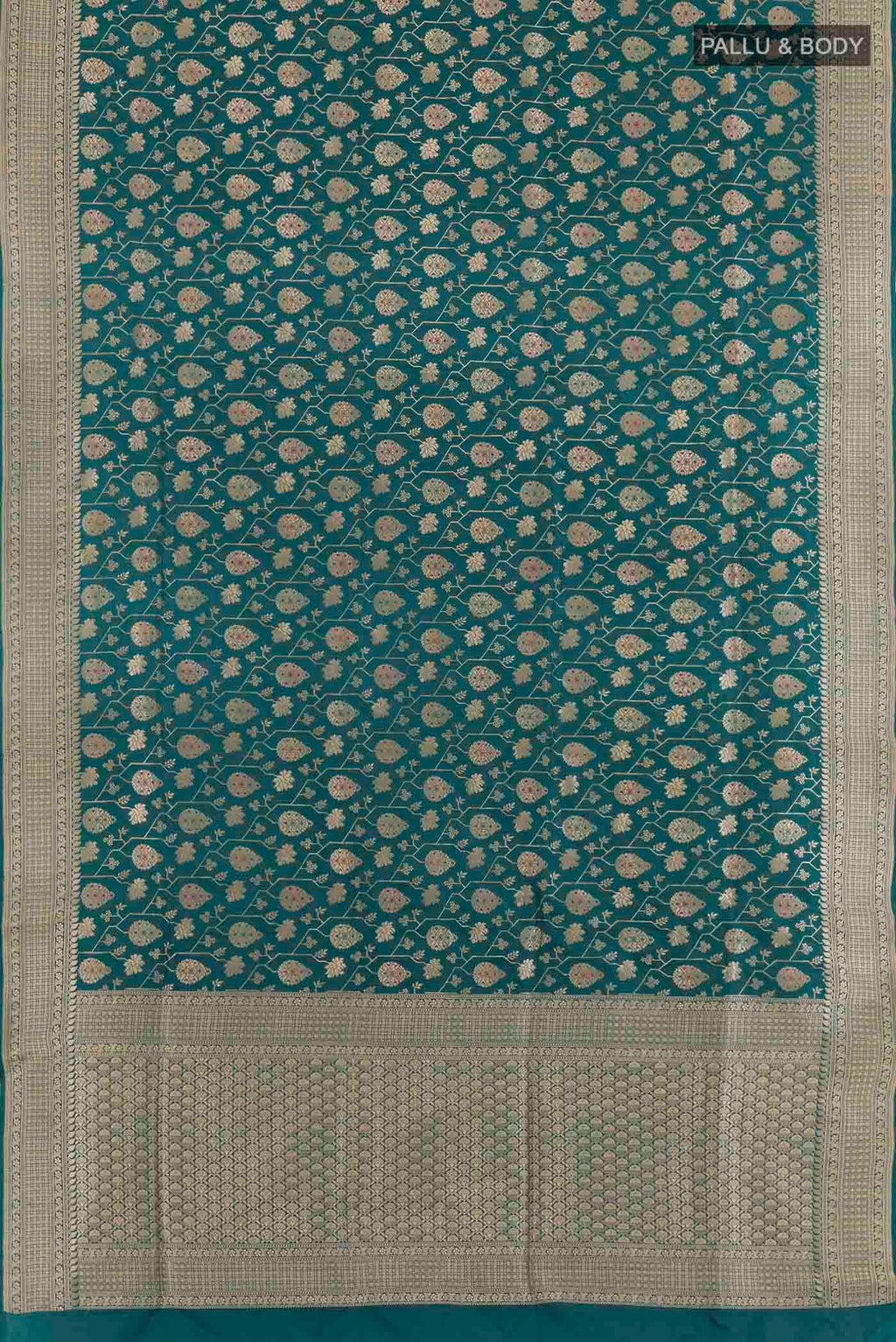 Flat view of Teal Banarasi Silk Saree with Zari Brocade on the body and Zari Border. 