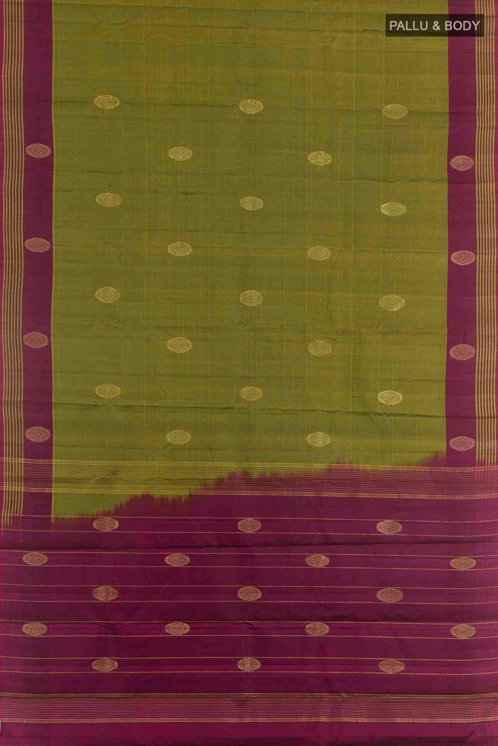 Flat view of Mehandi Green Kanchipuram Silk Saree with Zari Butta on the body and Zari Border. 
