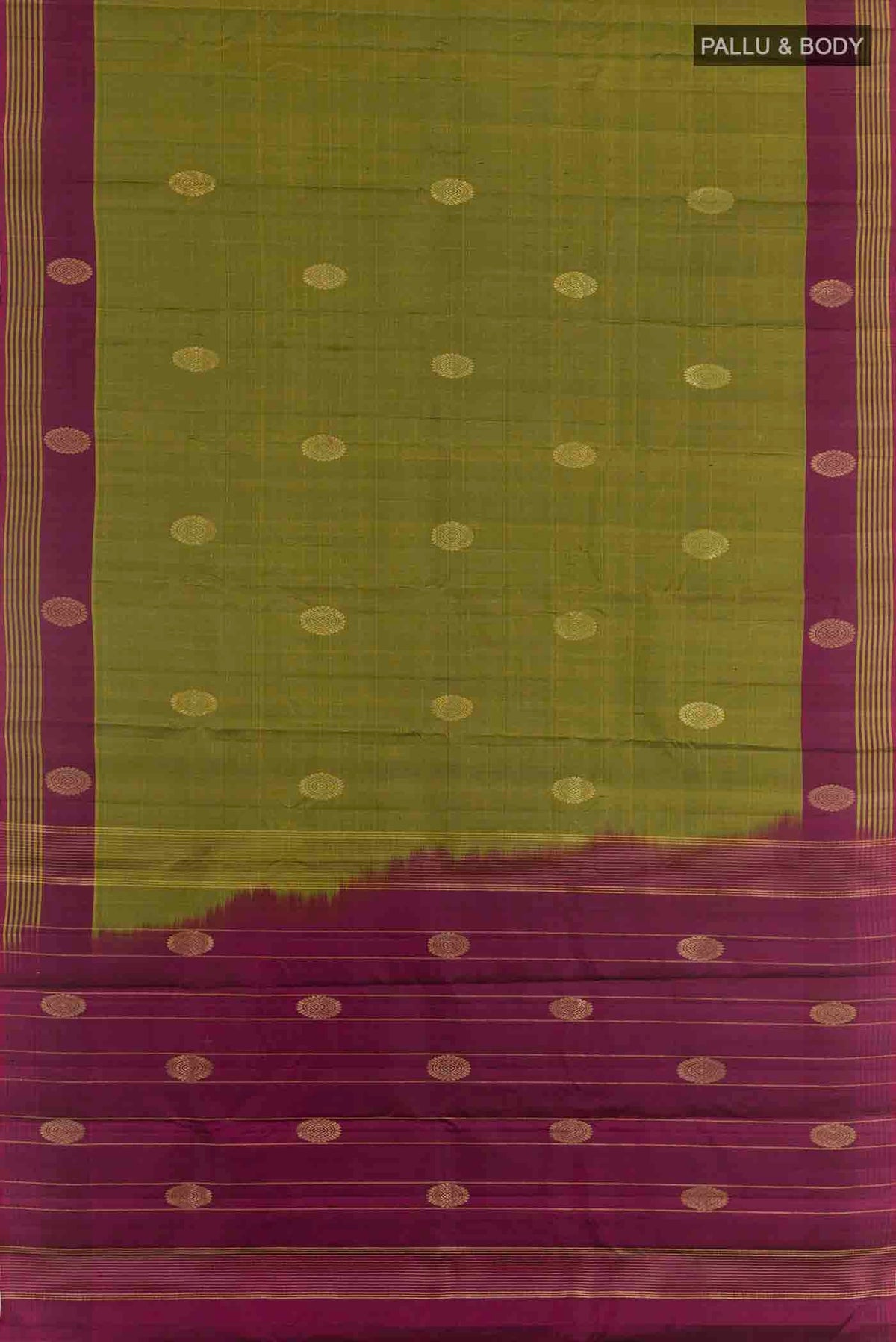 Flat view of Mehandi Green Kanchipuram Silk Saree with Zari Butta on the body and Zari Border. 