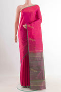 Pink Kanchipuram Saree with Zari Butta on the body and Zari Border.  displayed on a mannequin