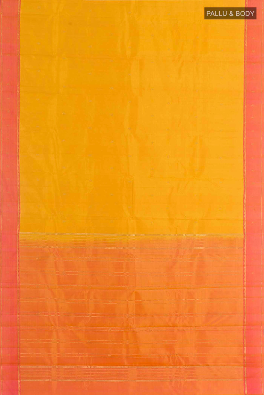 Flat view of Yellow Kanchipuram Silk Saree with Zari Butta on the body and Zari Border. 