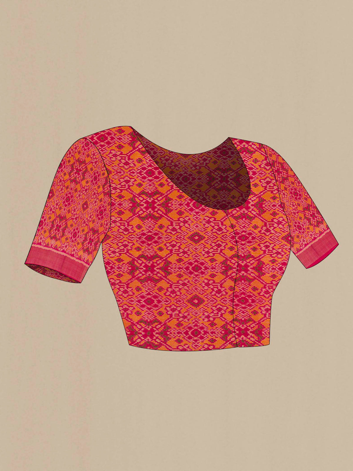 Close up image of the blouse of Mustard Rajkot Patola Silk Saree with Ikat design on the body and Zari Border. 