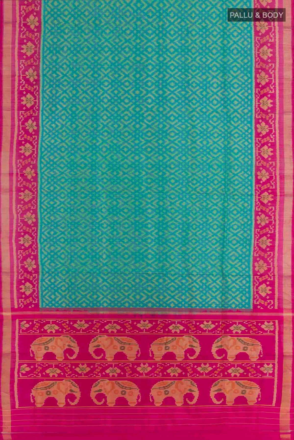 Flat view of Green Rajkot Patola Silk Saree with Pure Ikat on the body and Zari Border. 