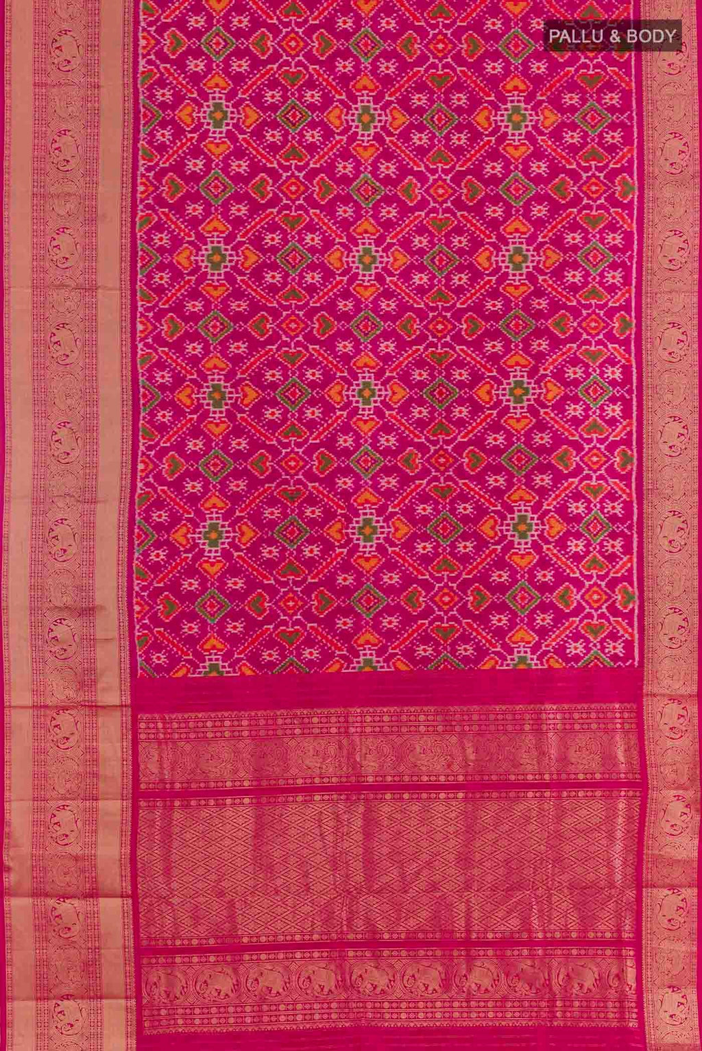 Flat view of Rani Pink Rajkot Patola Silk Saree with Pure Ikat on the body and Zari Border. 