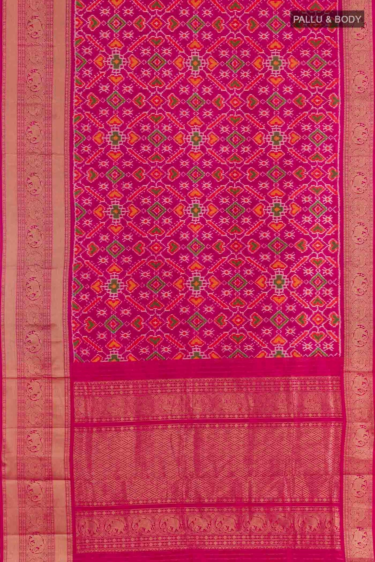 Flat view of Rani Pink Rajkot Patola Silk Saree with Pure Ikat on the body and Zari Border. 