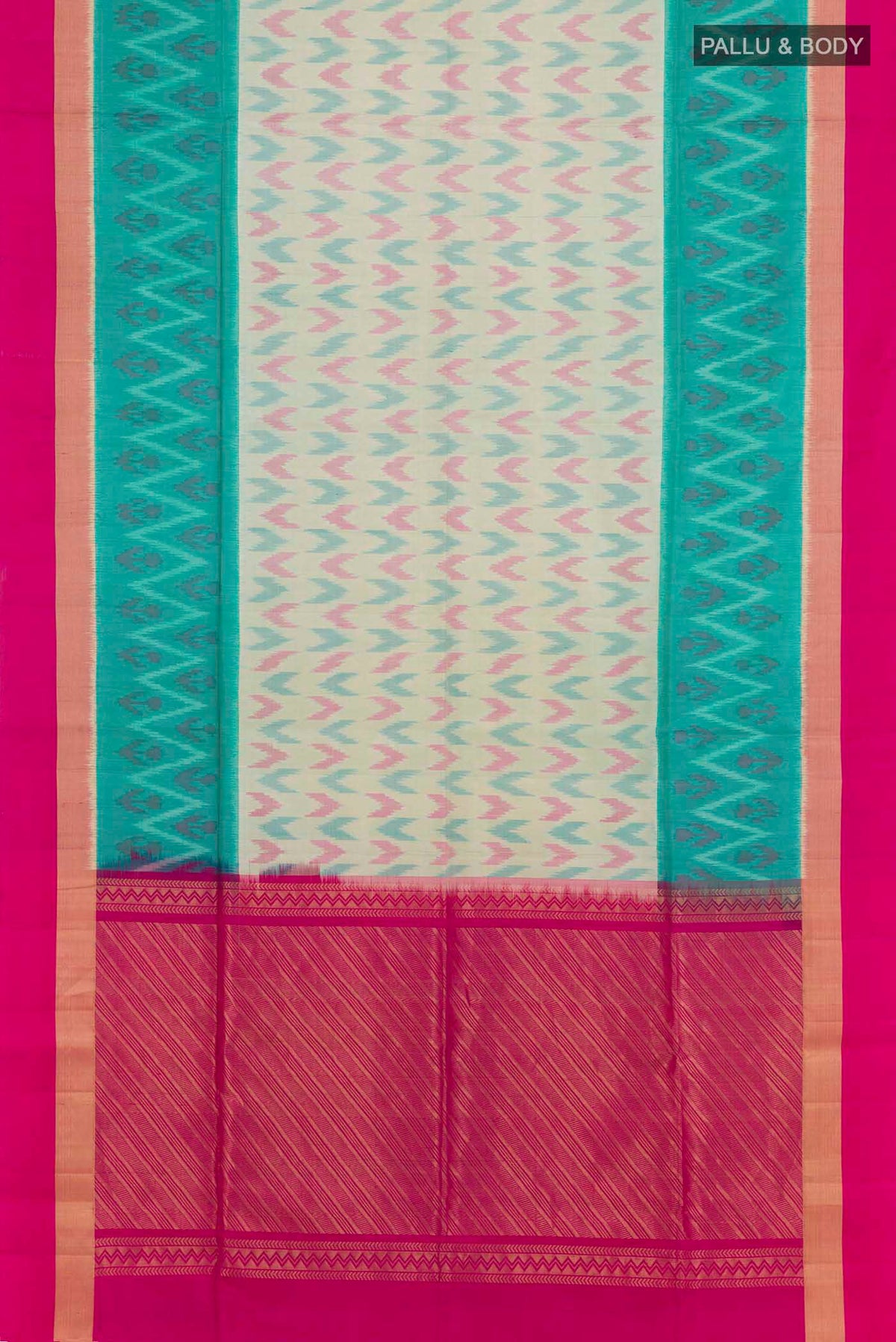 Flat view of Cream Soft Silk Saree with Ikat design on the body and Zari Border. 