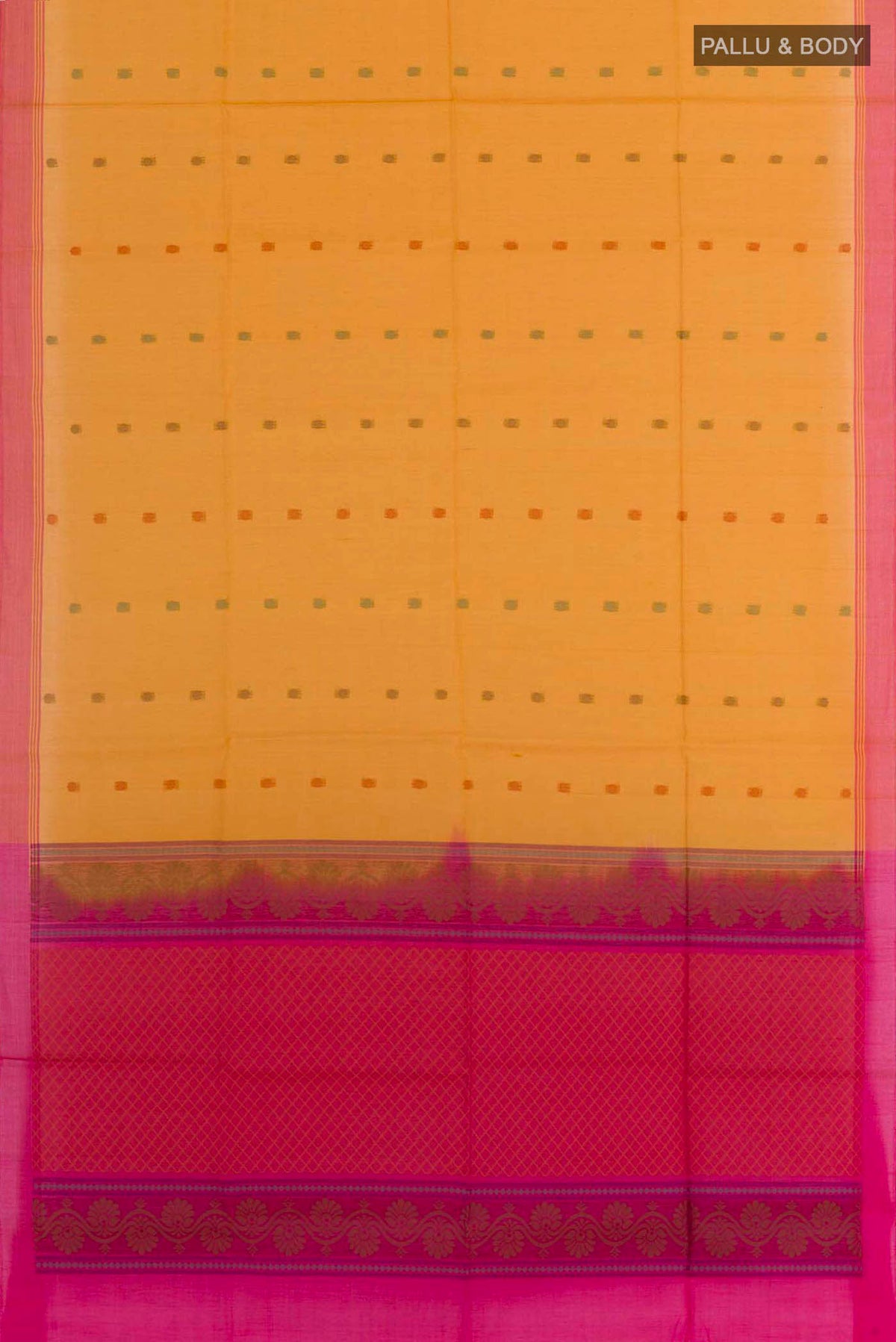 Flat view of Yellow Blended Kora Cotton Saree with Thread Butta on the body and Zari Border. 