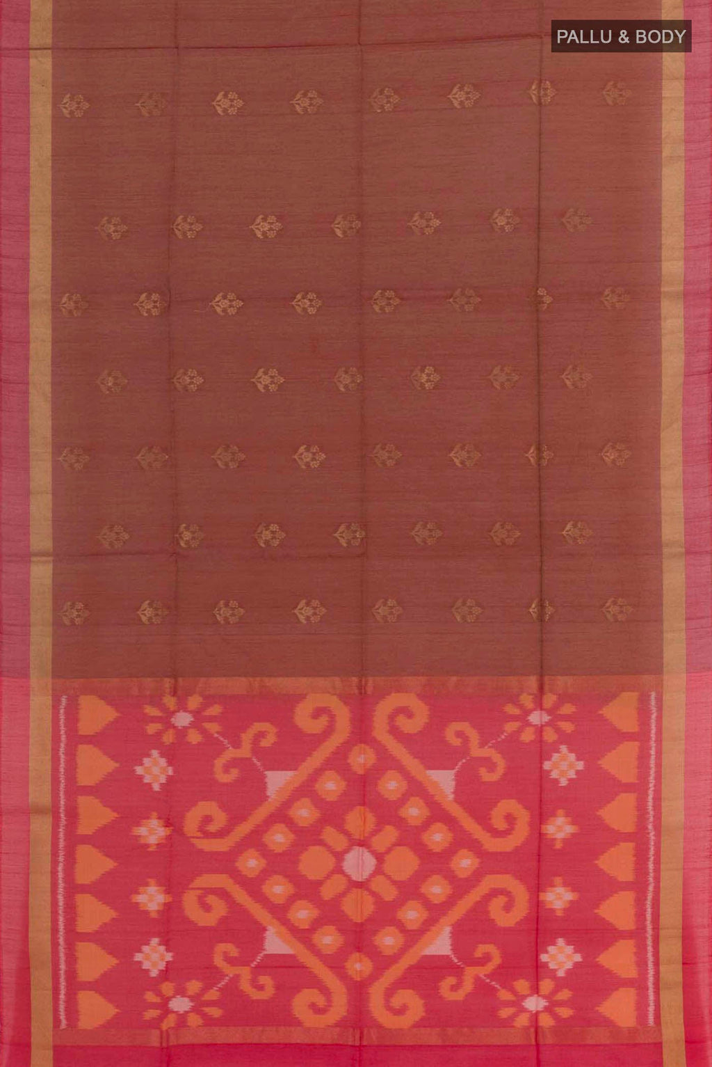Flat view of Maroon Blended Kora Cotton Saree with Zari Butta on the body and Zari Border. 