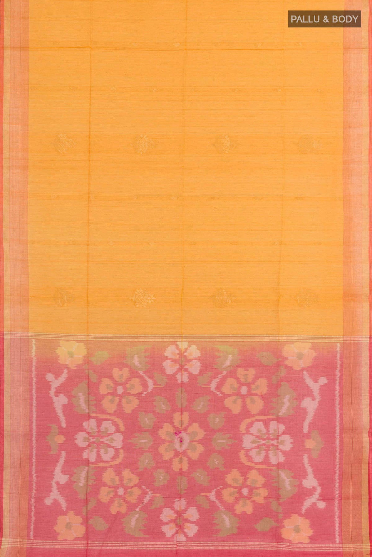 Flat view of Mustard Blended Kota Cotton Saree with Zari Butta on the body and Zari Border. 