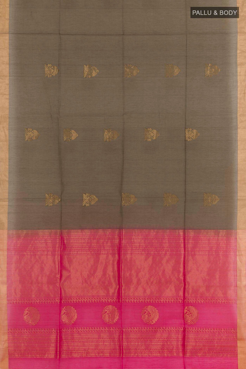 Flat view of Brown Blended Kota Cotton Saree with Zari Butta on the body and Zari Border. 