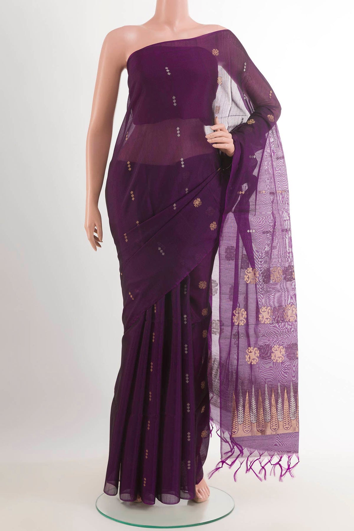 Purple Blended Kota Cotton Saree with Zari Butta on the body and Zari Border.  displayed on a mannequin