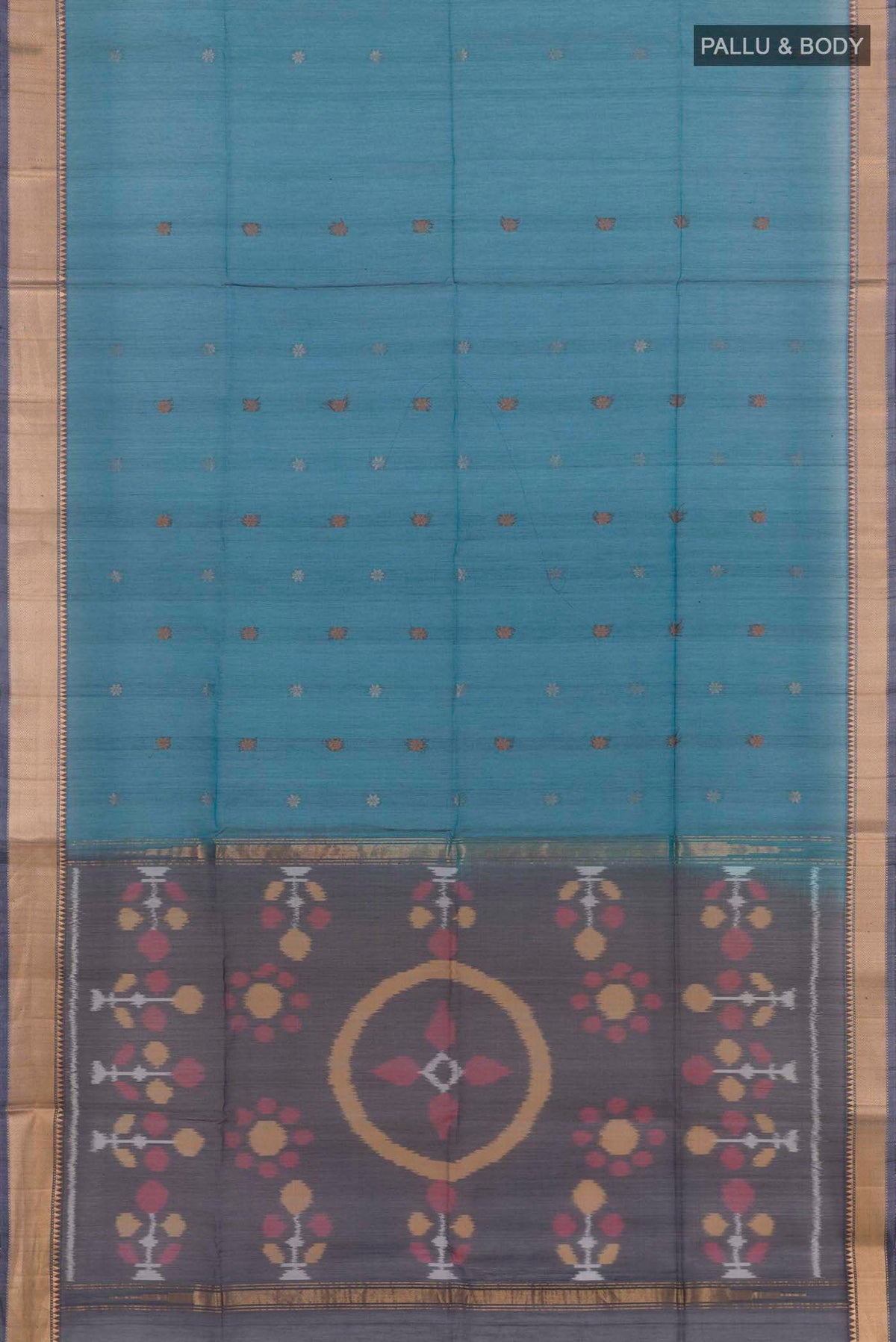 Flat view of Blue Blended Chanderi Kora Silk Saree with Zari And Thread Butta on the body and Zari Border. 