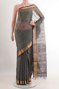 Grey Blended Chanderi Kora Silk Saree with Zari And Thread Butta on the body and Zari Border.  displayed on a mannequin