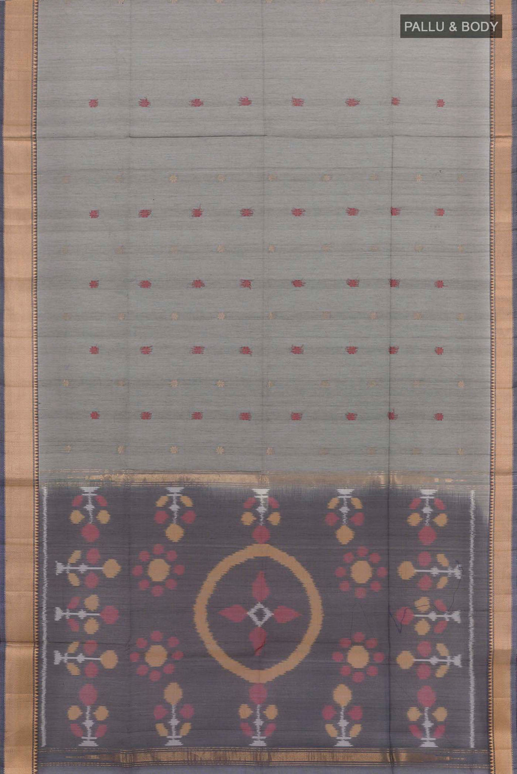 Flat view of Grey Blended Chanderi Kora Silk Saree with Zari And Thread Butta on the body and Zari Border. 