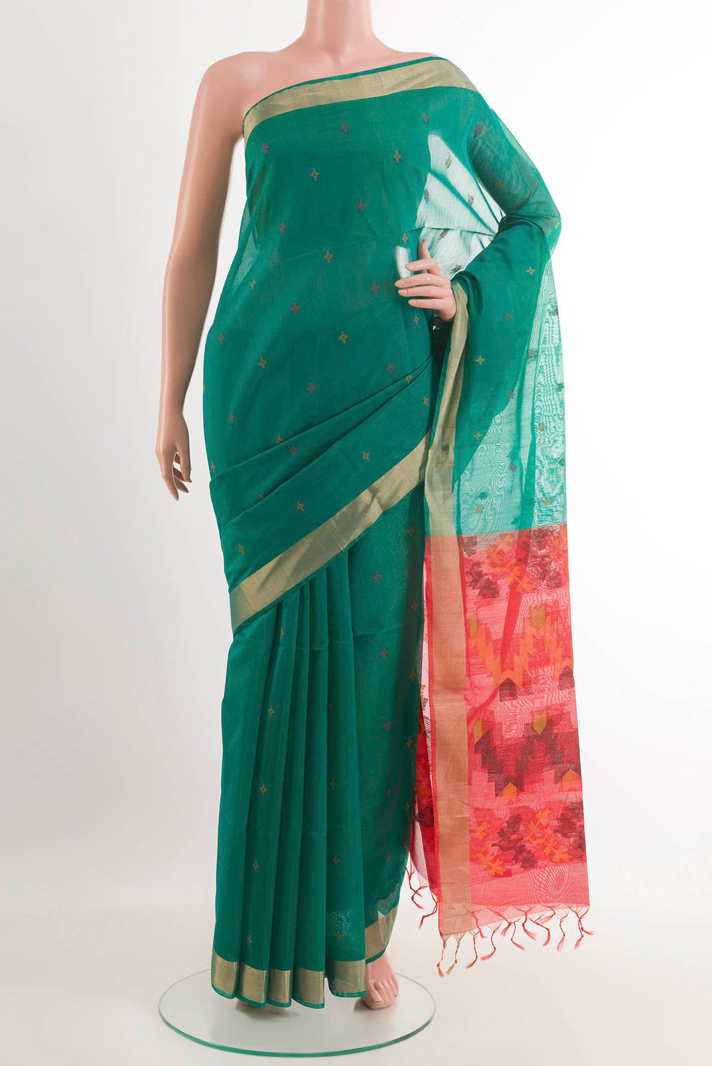 Green Blended Kota Cotton Saree with Zari Butta on the body and Zari Border.  displayed on a mannequin