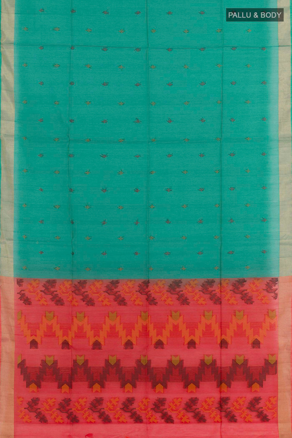 Flat view of Green Blended Kota Cotton Saree with Zari Butta on the body and Zari Border. 