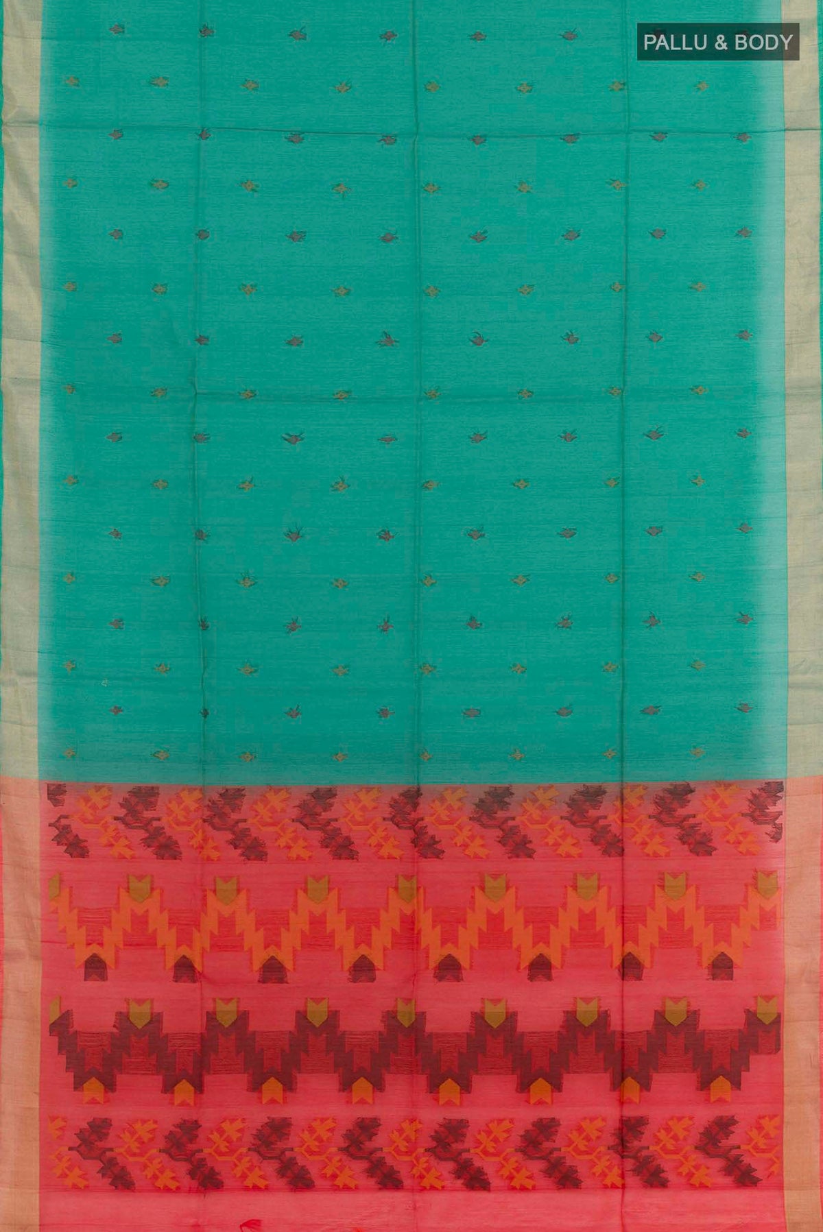 Flat view of Green Blended Kota Cotton Saree with Zari Butta on the body and Zari Border. 