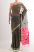 Grey Blended Kora Cotton Saree with Zari Butta on the body and Zari Border.  displayed on a mannequin