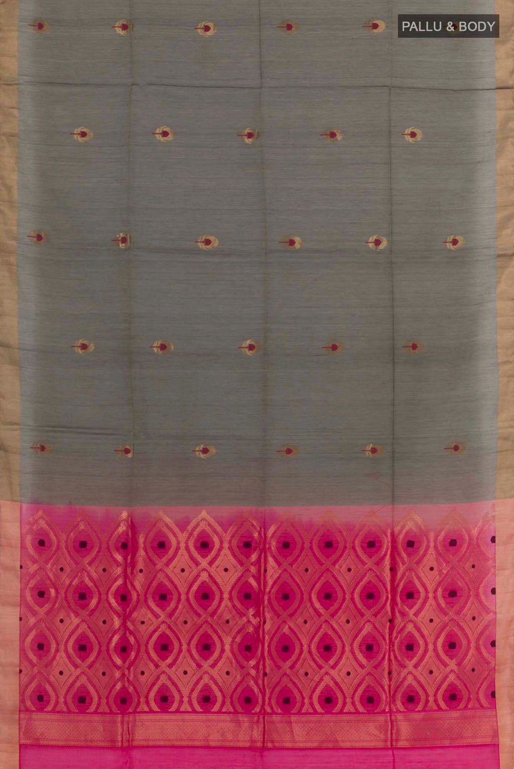 Flat view of Grey Blended Kora Cotton Saree with Zari Butta on the body and Zari Border. 