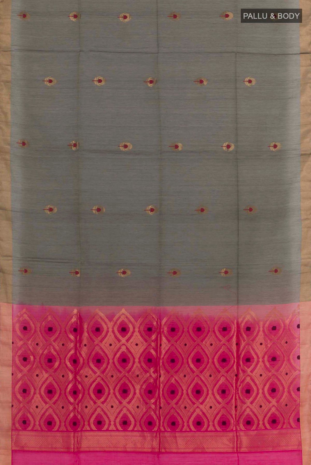 Flat view of Grey Blended Kora Cotton Saree with Zari Butta on the body and Zari Border. 
