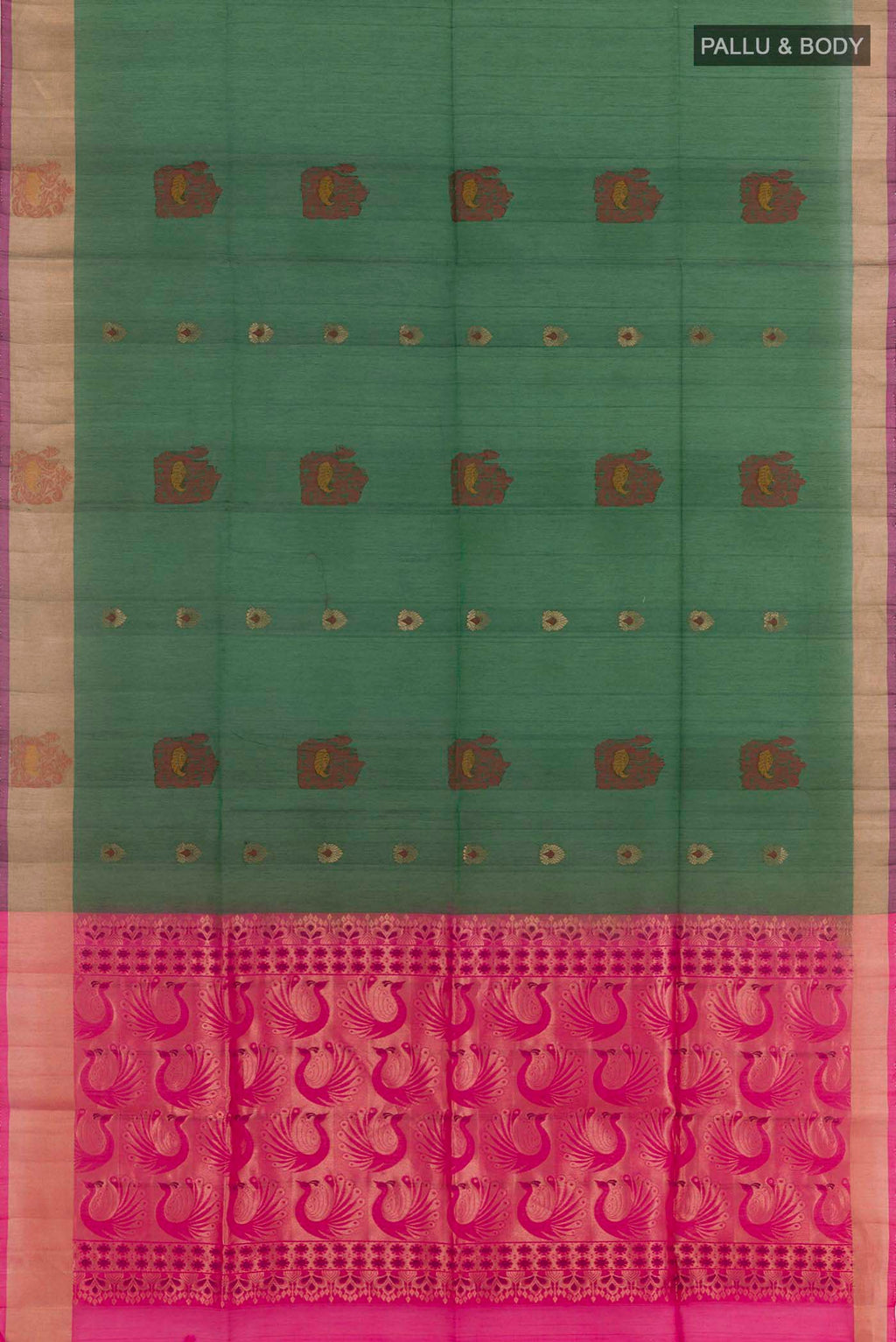 Flat view of Green Blended Chanderi Kora Silk Saree with Zari Butta on the body and Zari Border. 