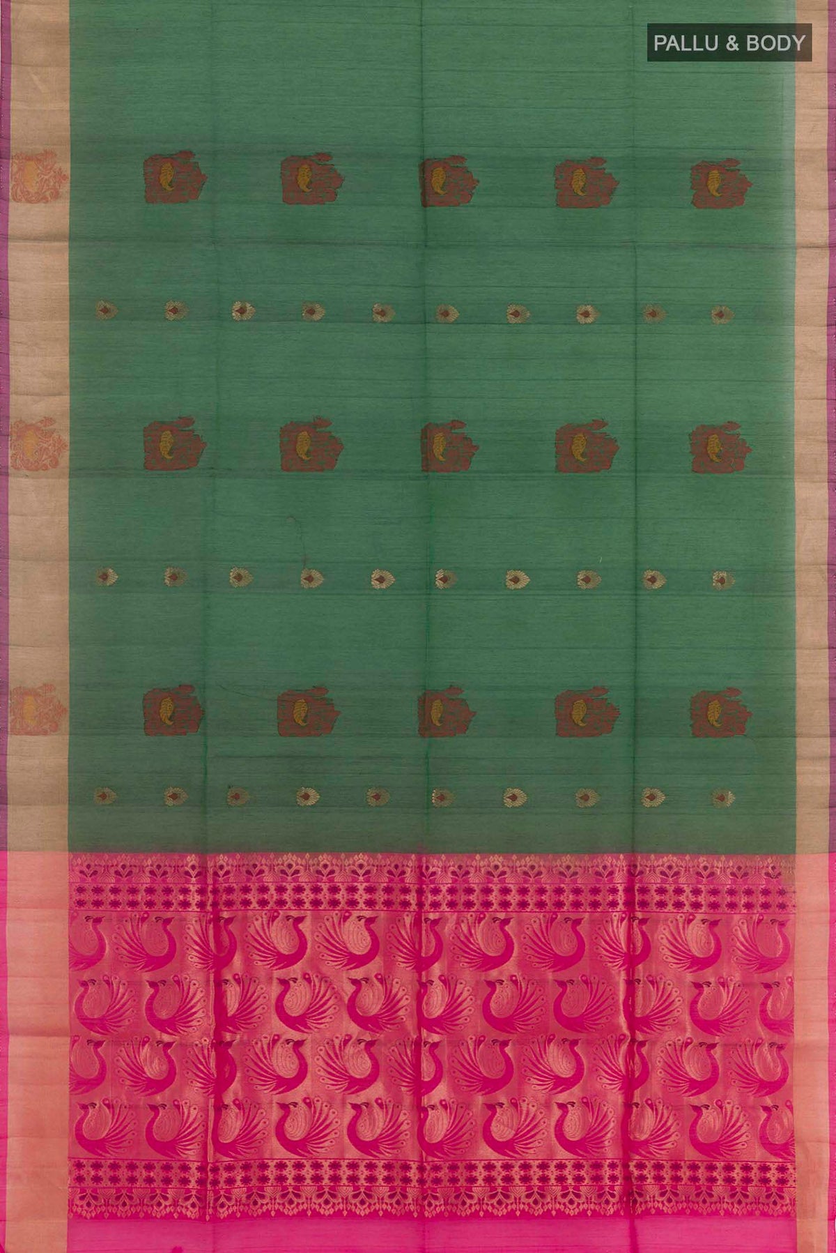 Flat view of Green Blended Chanderi Kora Silk Saree with Zari Butta on the body and Zari Border. 