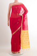Red Kora Cotton Saree with Zari Butta on the body and Zari Border.  displayed on a mannequin