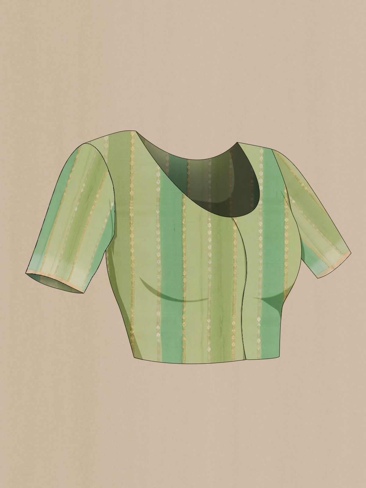 Close up image of the blouse of Green Banarasi Kora Silk Saree with Zari Butta on the body and Zari Border. 