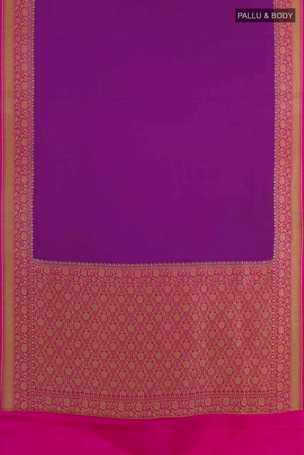 Flat view of Purple Banarasi Georgette Saree with Plain Body and Zari Border. 