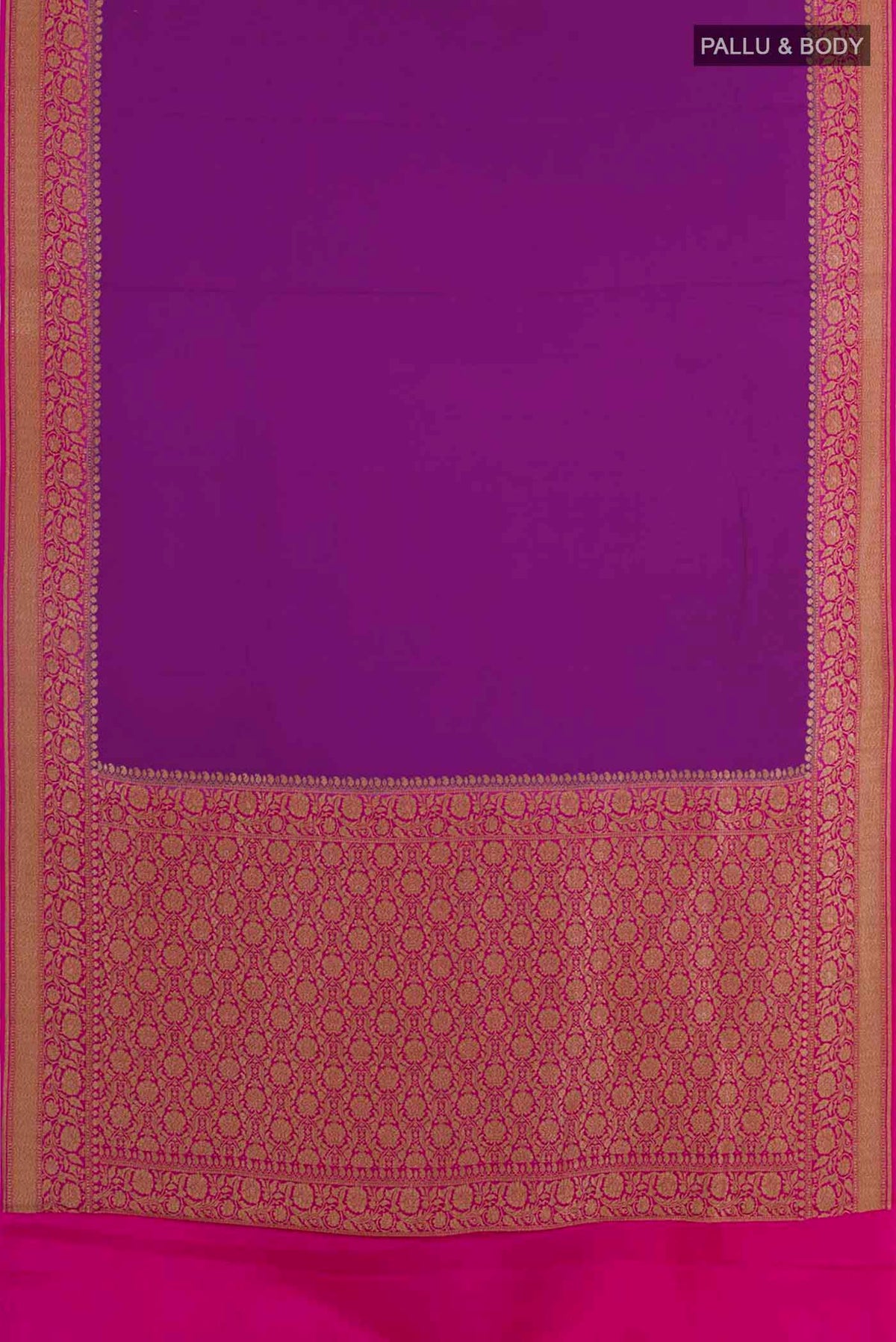 Flat view of Purple Banarasi Georgette Saree with Plain Body and Zari Border. 