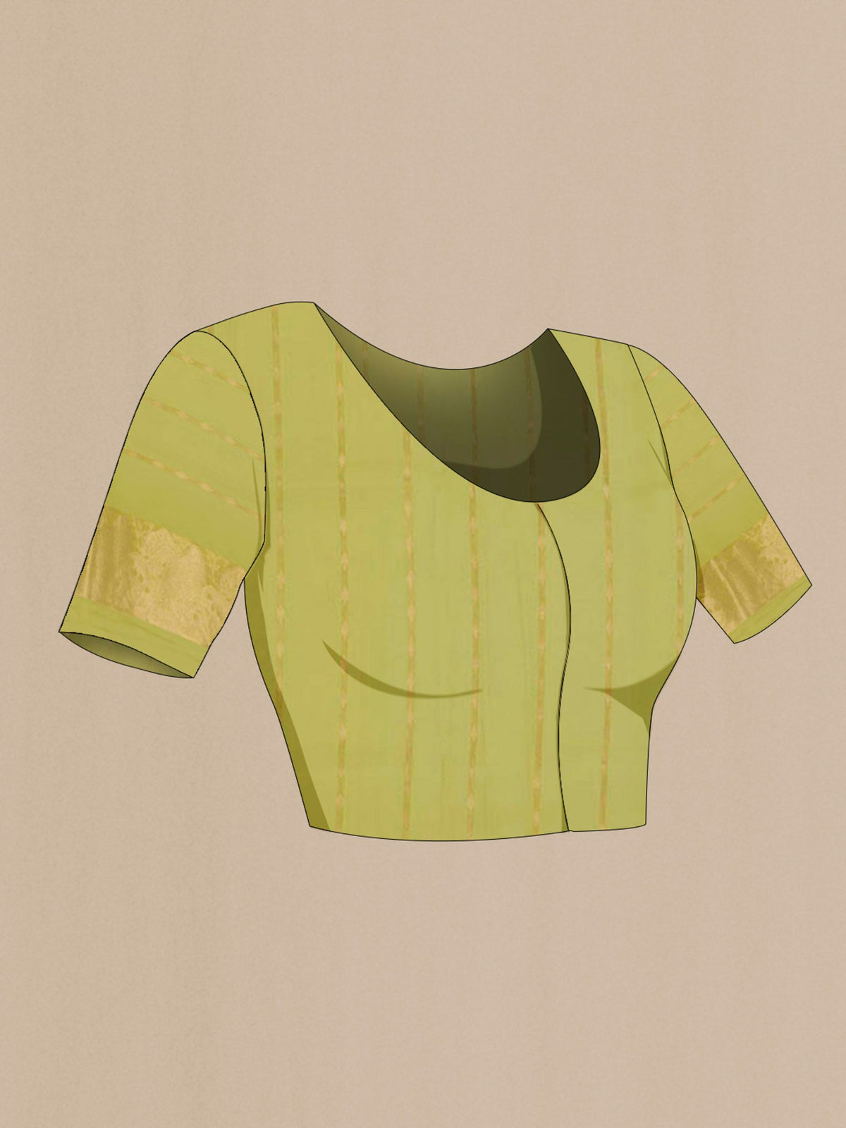 Close up image of the blouse of Green Banarasi Kora Silk Saree with Zari Butta on the body and Zari Border. 