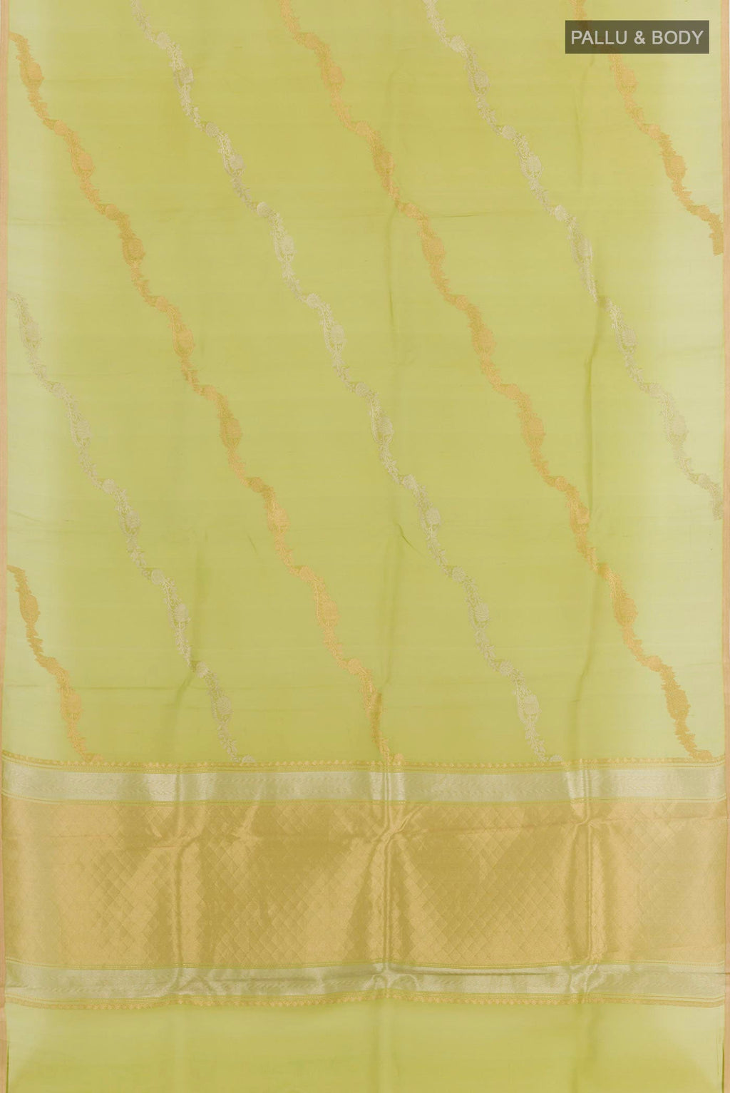 Flat view of Green Banarasi Kora Silk Saree with Zari Butta on the body and Zari Border. 