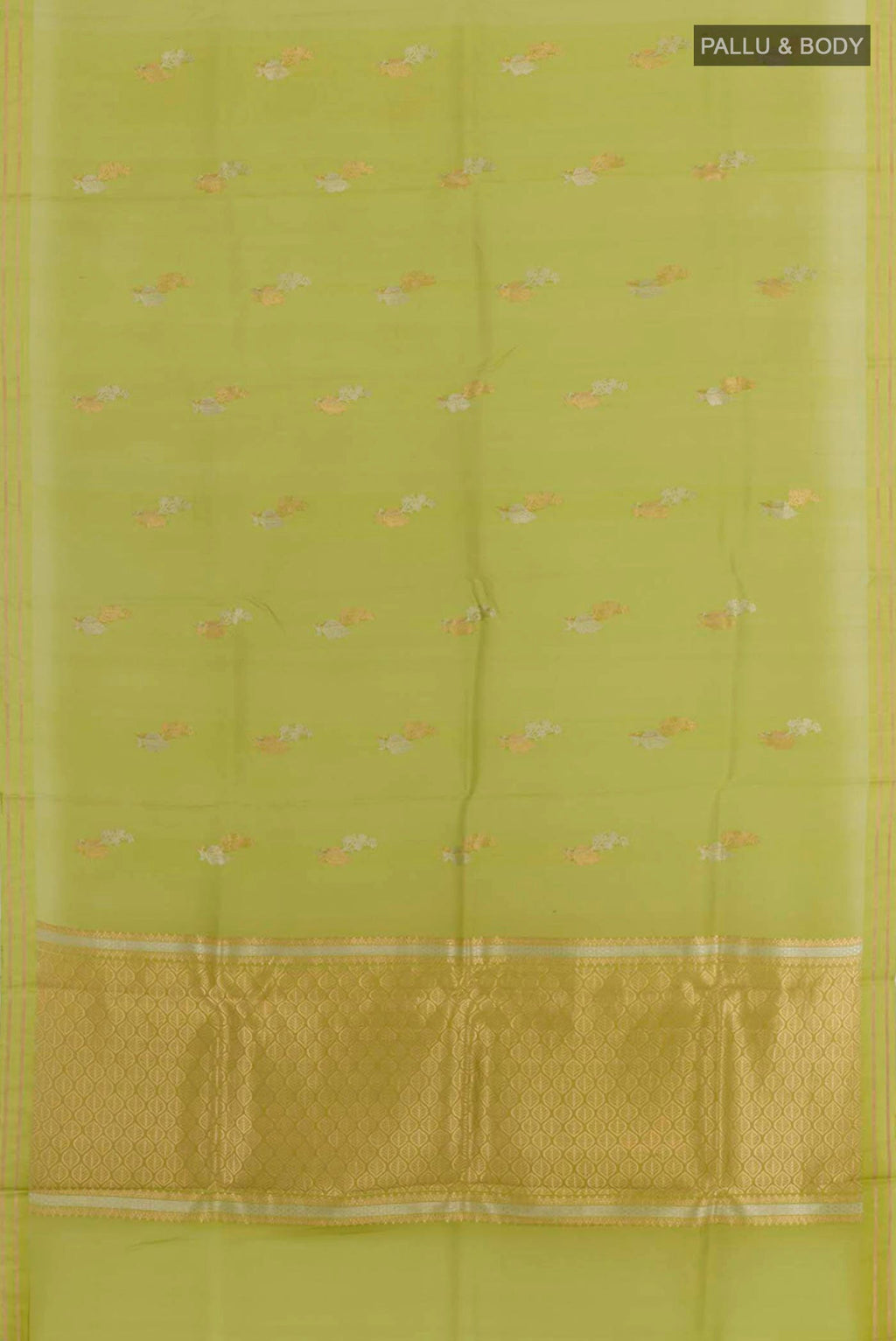 Flat view of Green Banarasi Kora Silk Saree with Zari Butta on the body and Zari Border. 