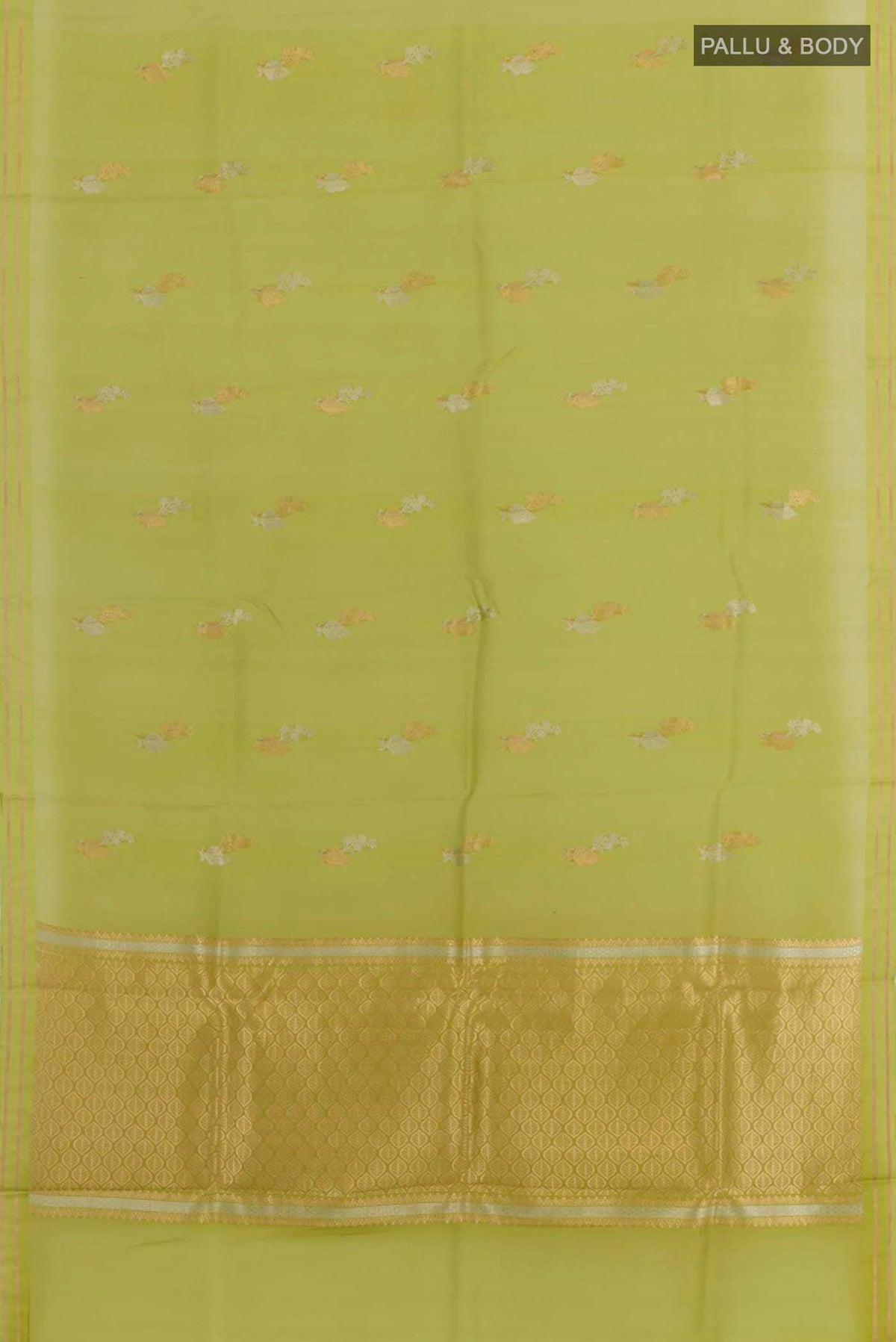 Flat view of Green Banarasi Kora Silk Saree with Zari Butta on the body and Zari Border. 