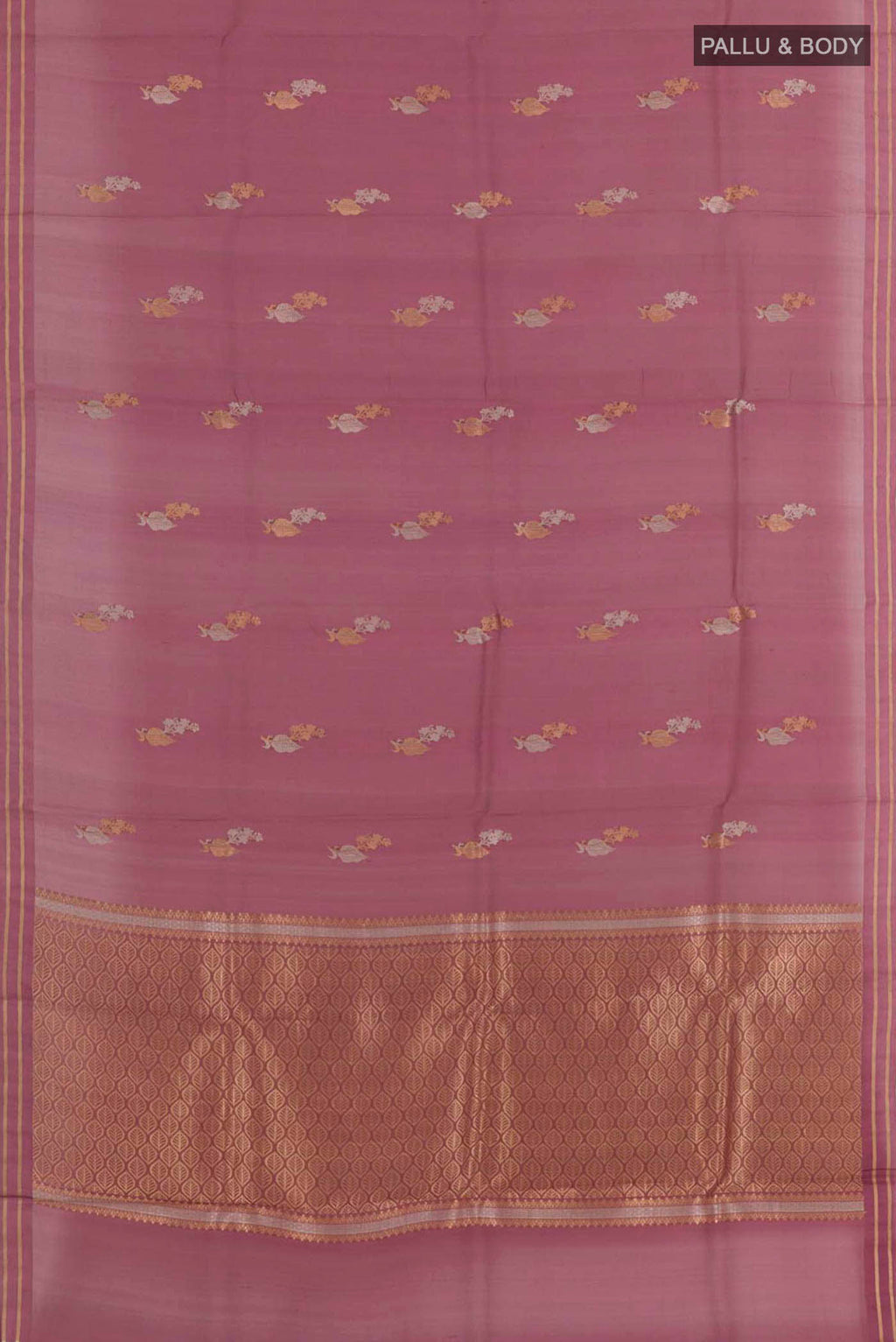 Flat view of Lavender Banarasi Kora Silk Saree with Zari Butta on the body and Zari Border. 