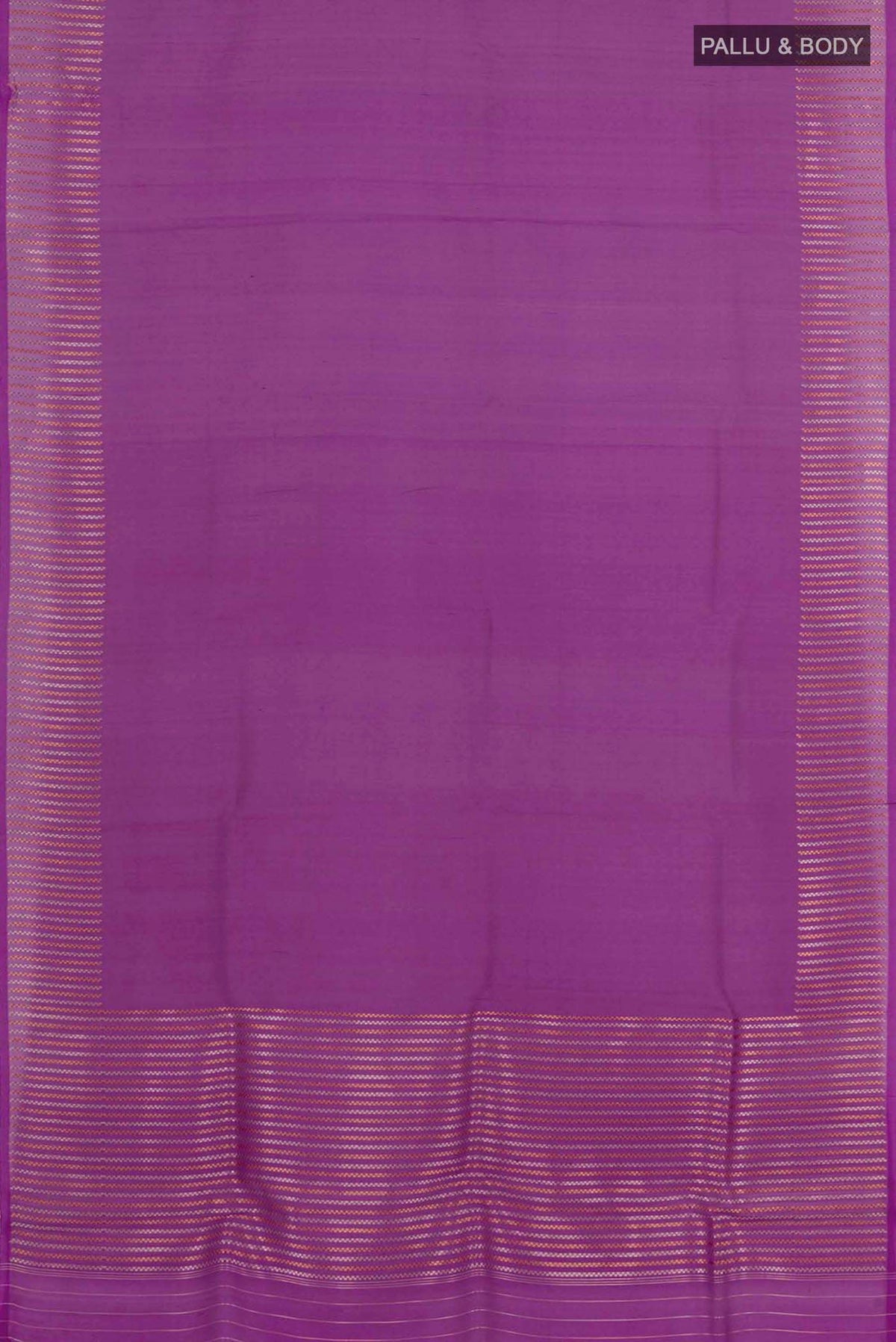 Flat view of Purple Banarasi Kora Silk Saree with Zari Butta on the body and Zari Border. 